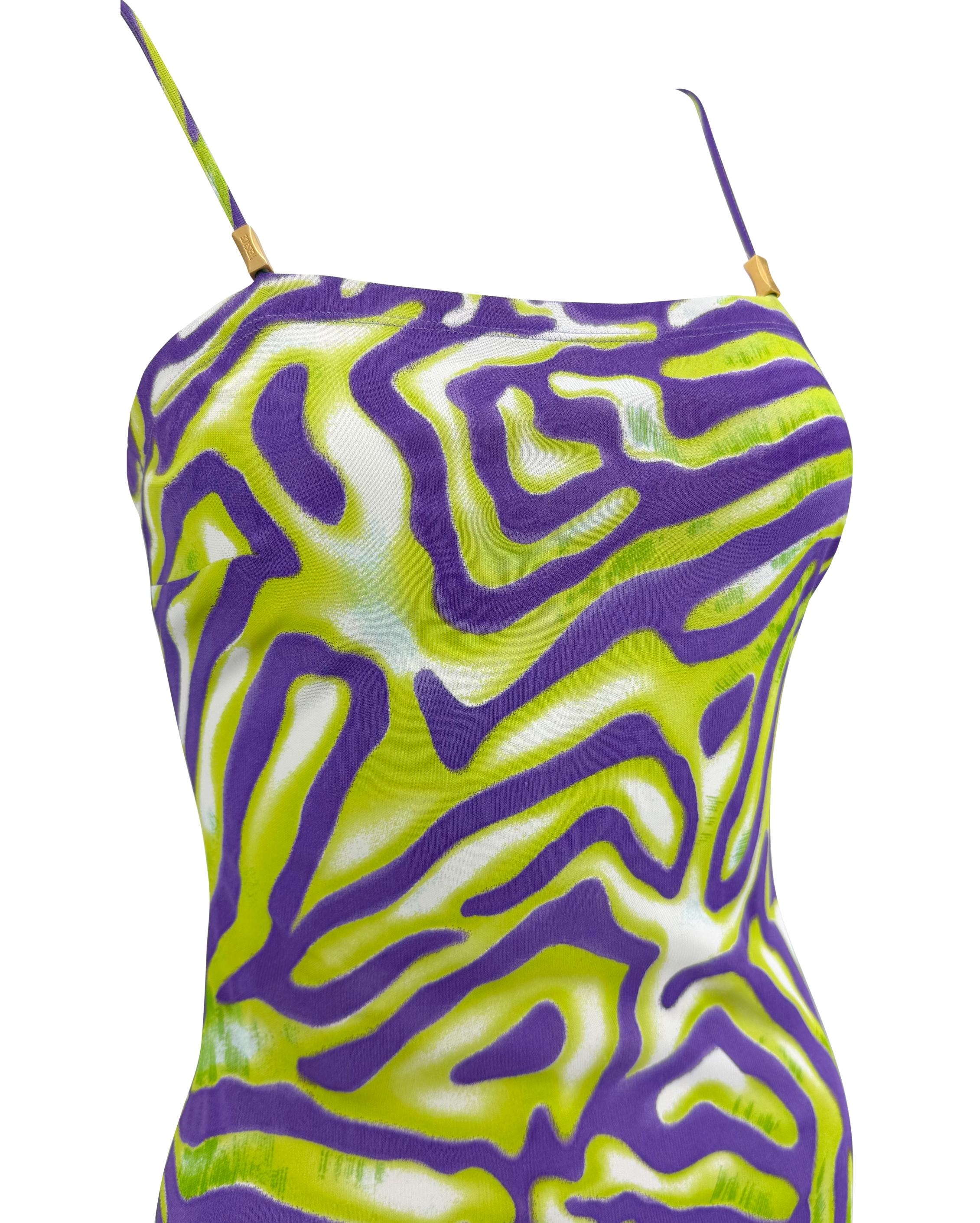S/S 2000 Gianni Versace by Donatella Green Purple Abstract Print Cocktail Dress In Excellent Condition For Sale In West Hollywood, CA