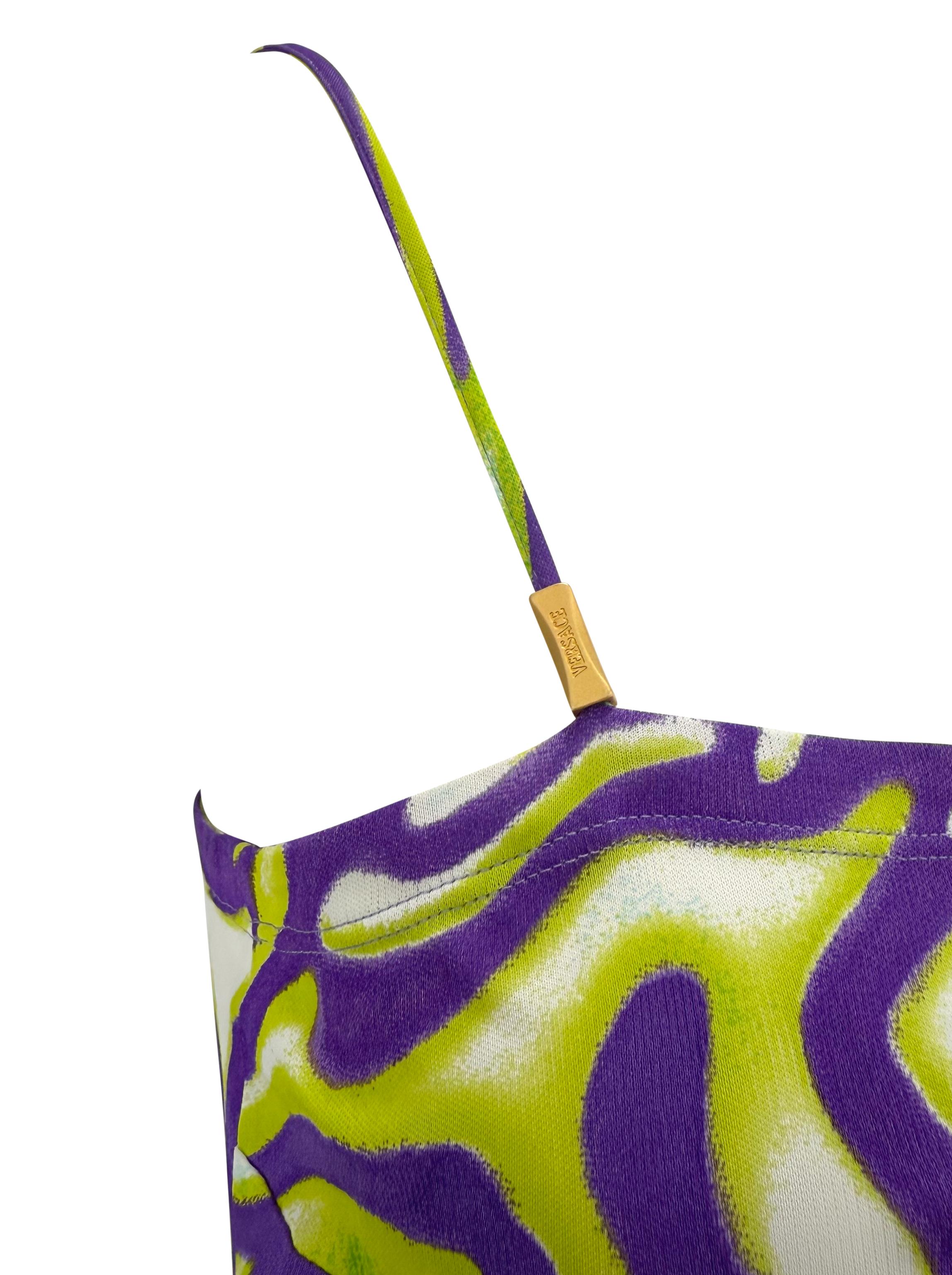 Women's S/S 2000 Gianni Versace by Donatella Green Purple Abstract Print Cocktail Dress For Sale