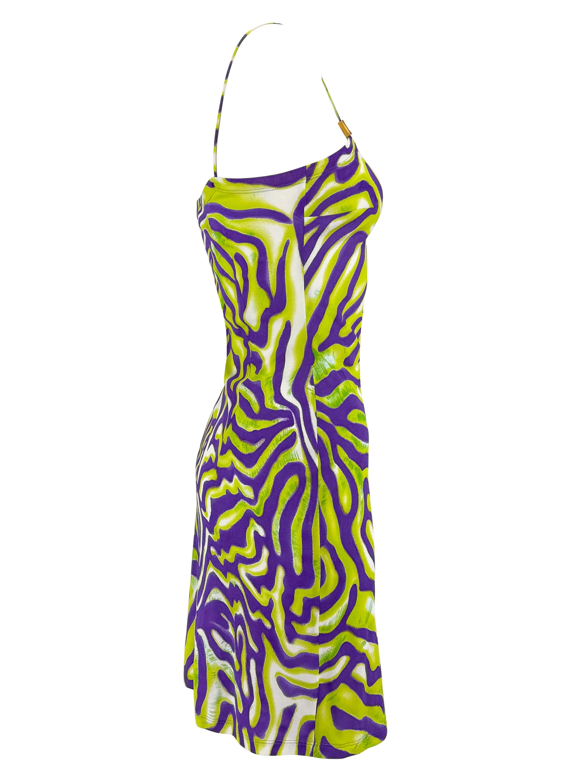 S/S 2000 Gianni Versace by Donatella Green Purple Abstract Print Cocktail Dress For Sale 1