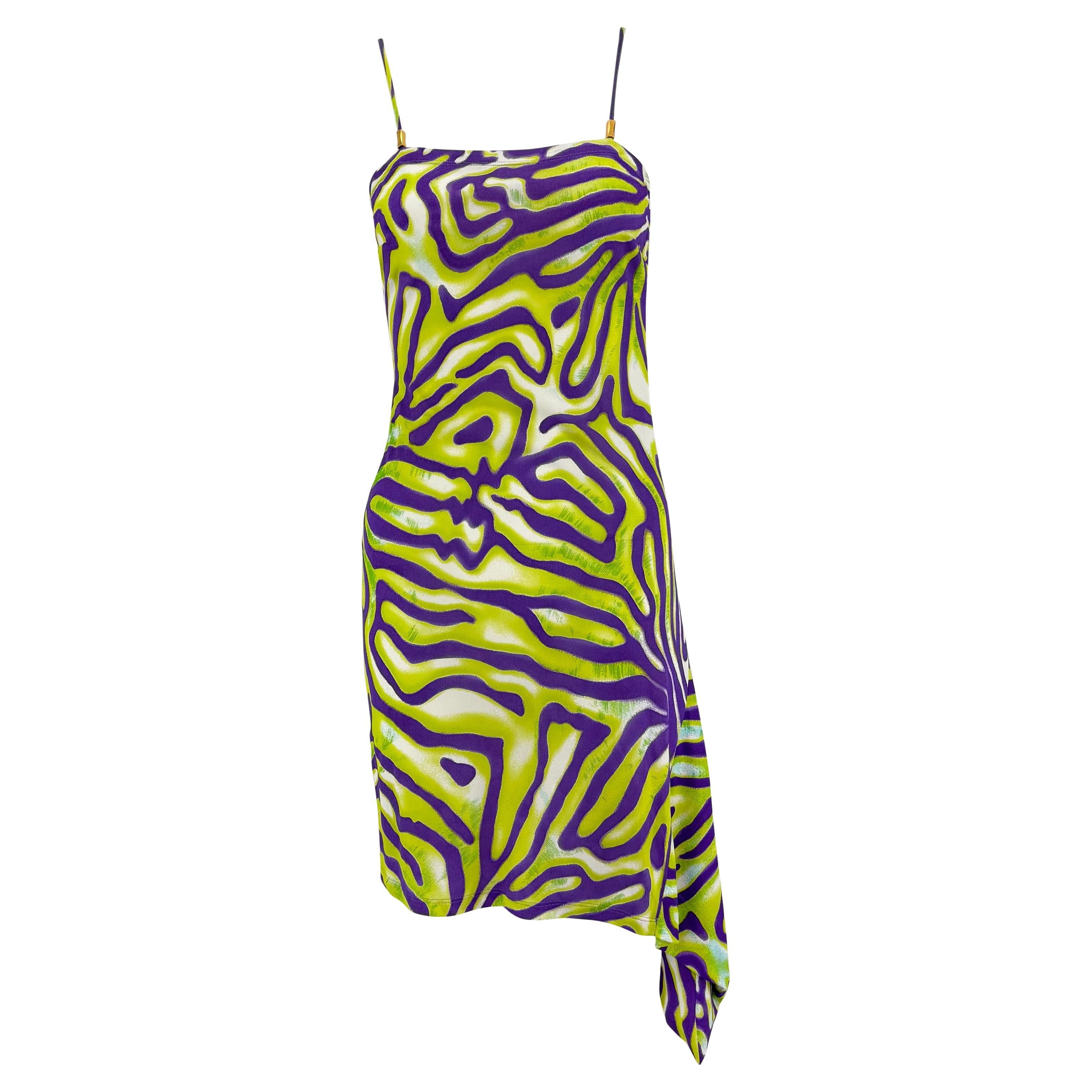 S/S 2000 Gianni Versace by Donatella Green Purple Abstract Print Cocktail Dress For Sale