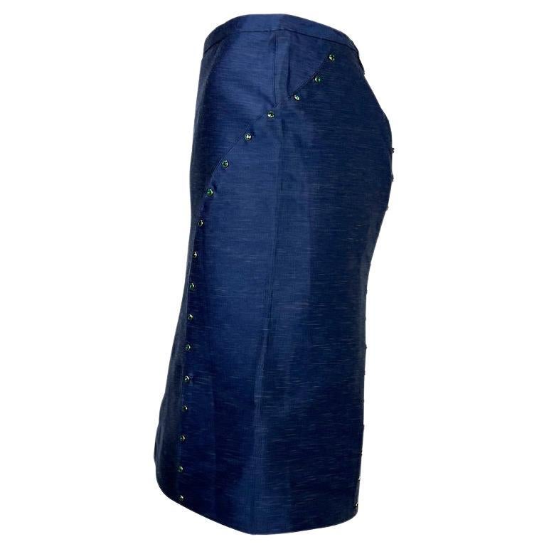 Jupe Chambray Gianni Versace by Donatella Green à strasss, P/E 2000 en vente 1