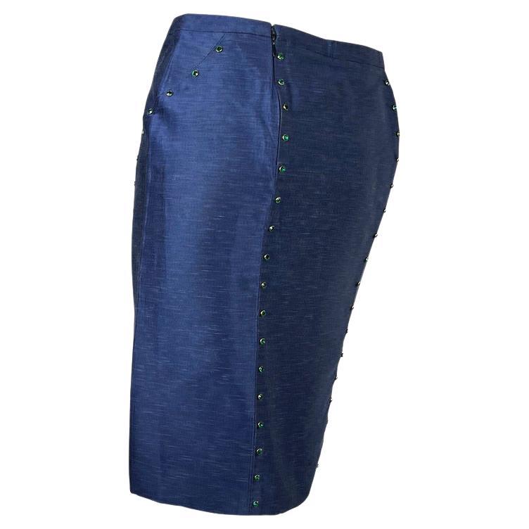 Jupe Chambray Gianni Versace by Donatella Green à strasss, P/E 2000 en vente 2