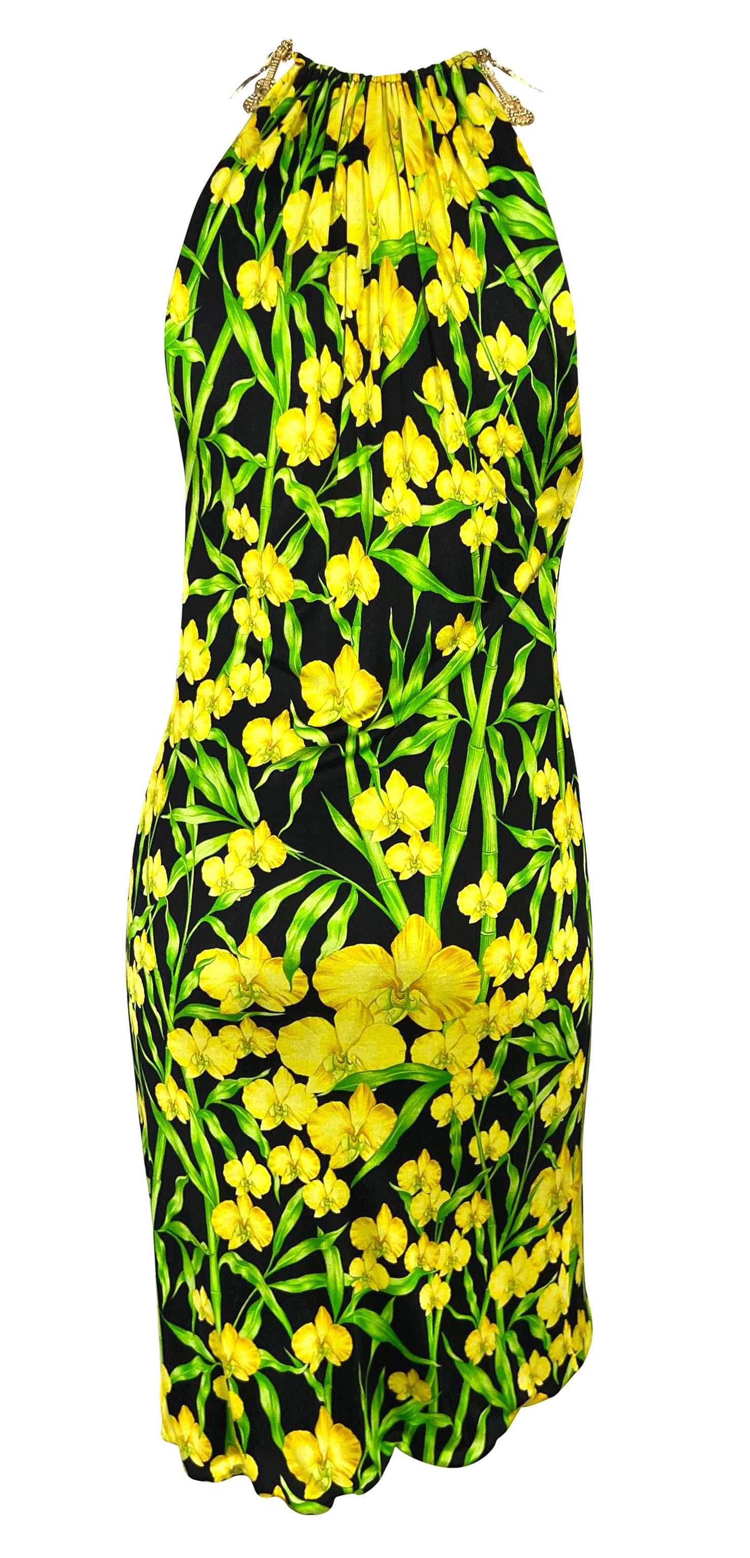 Green S/S 2000 Gianni Versace by Donatella Jungle Yellow Orchid Stretch Charm Dress For Sale