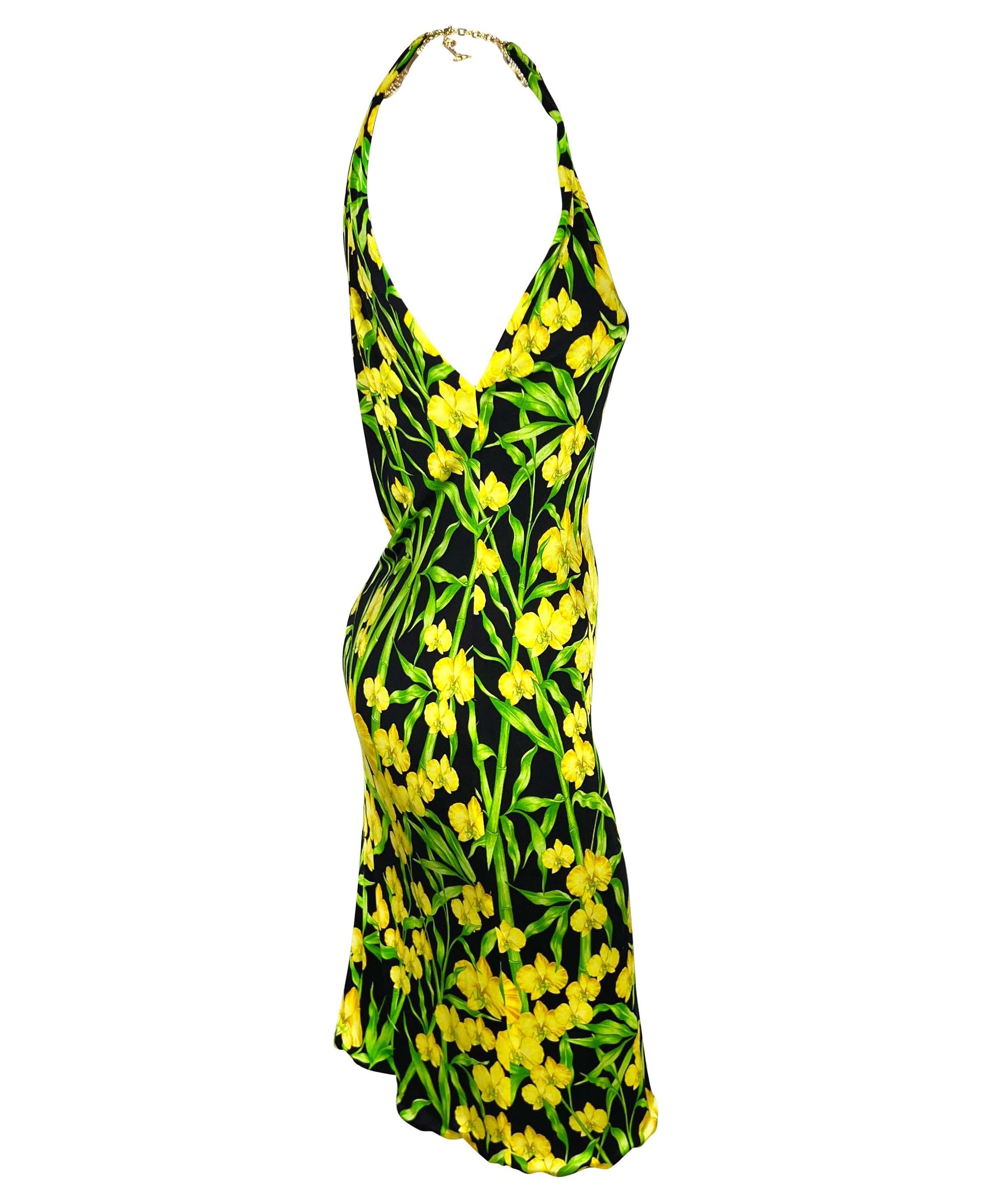 S/S 2000 Gianni Versace by Donatella Jungle Yellow Orchid Stretch Charm Dress In Good Condition For Sale In West Hollywood, CA