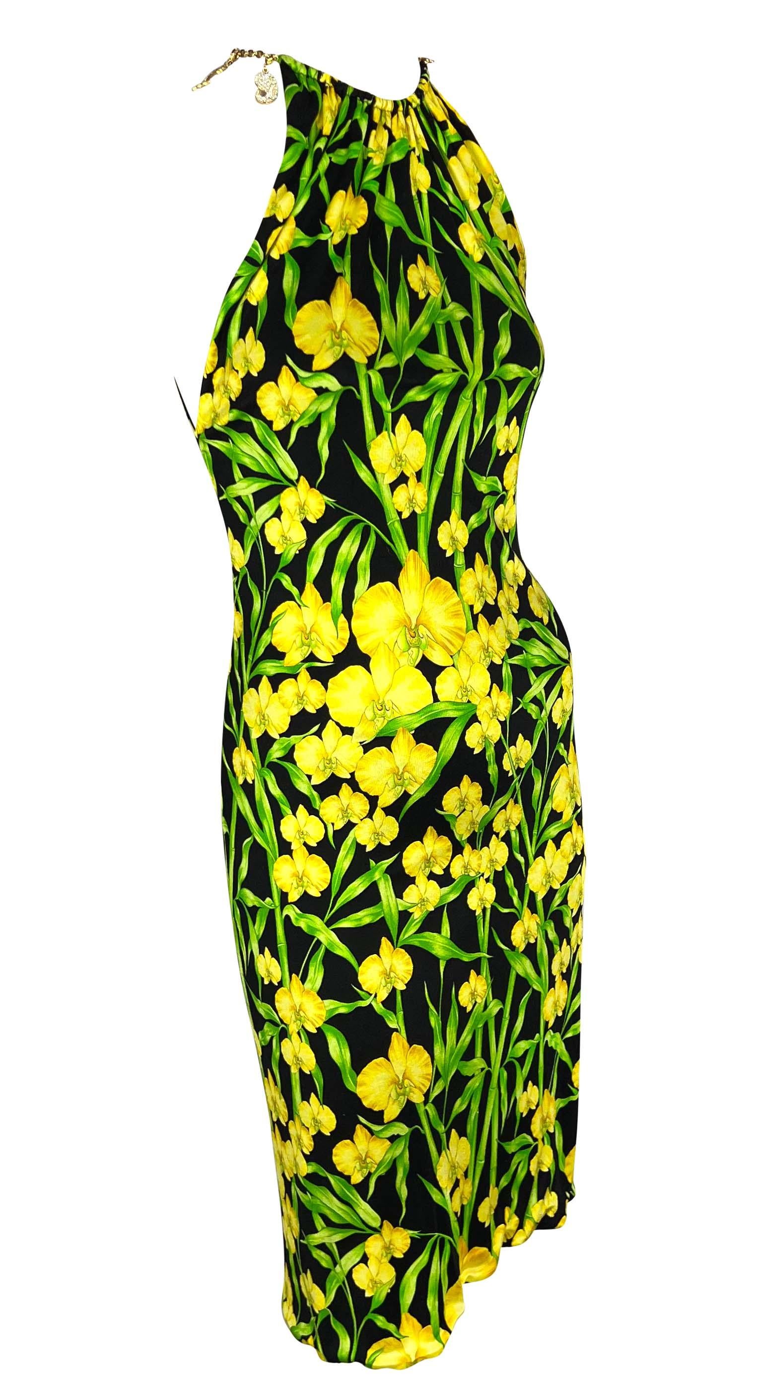 S/S 2000 Gianni Versace by Donatella Jungle Yellow Orchid Stretch Charm Dress For Sale 1