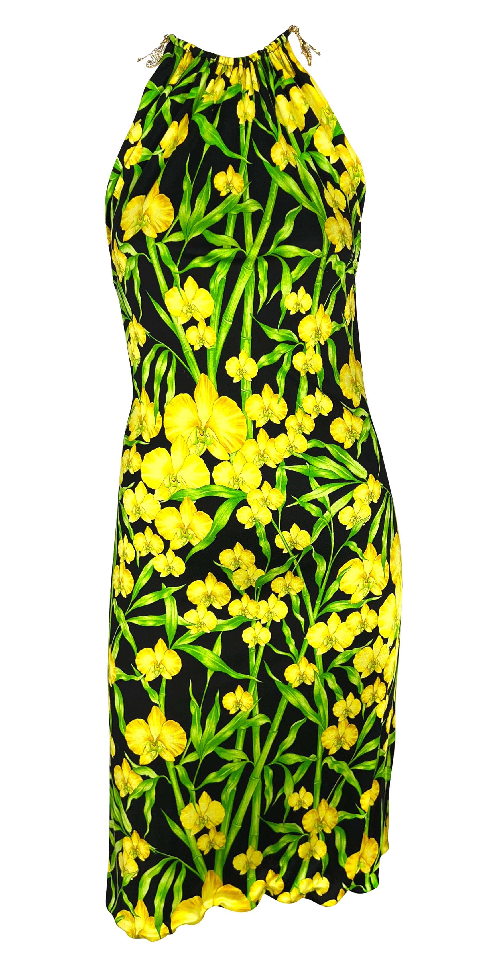 S/S 2000 Gianni Versace by Donatella Jungle Yellow Orchid Stretch Charm Dress For Sale 2