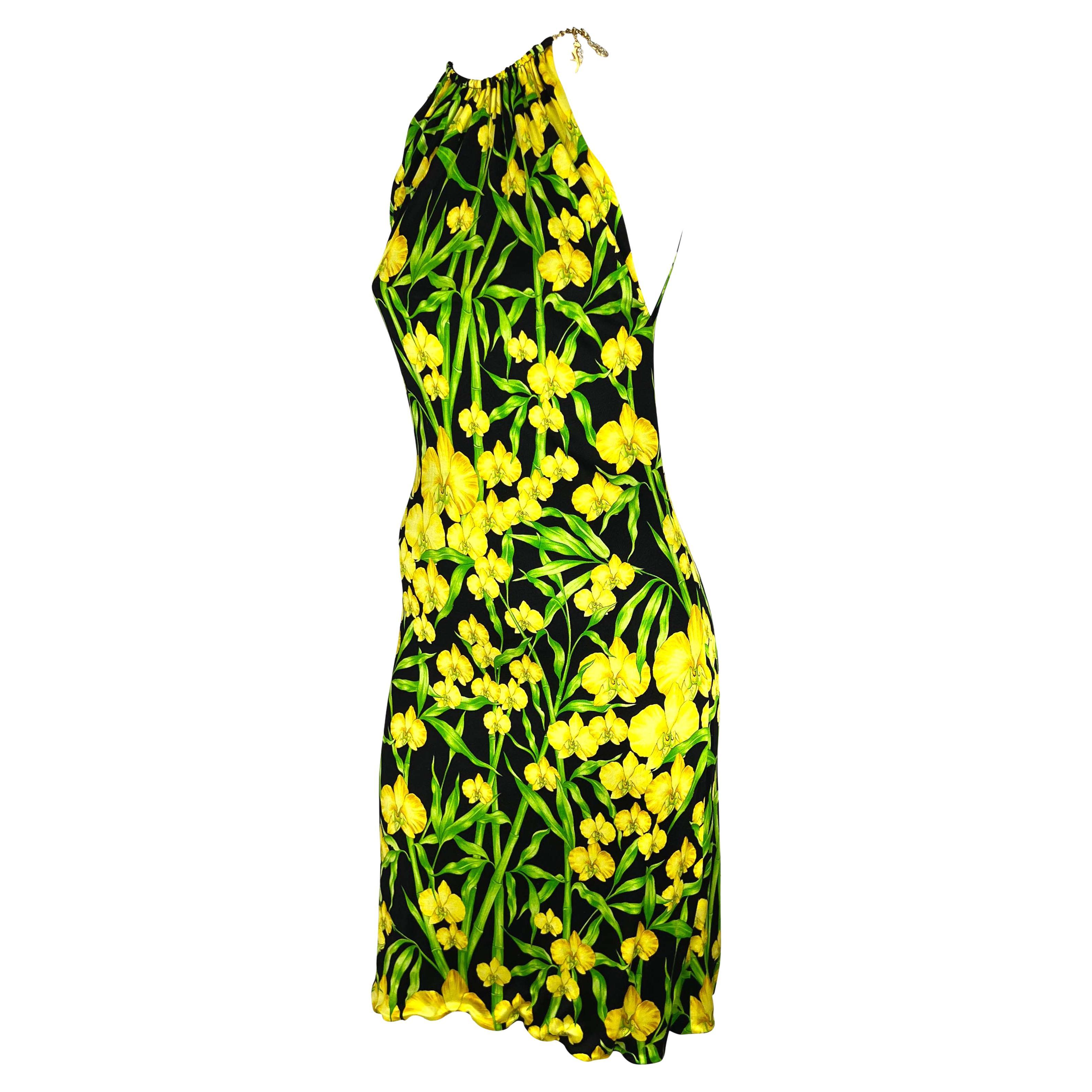 S/S 2000 Gianni Versace by Donatella Jungle Yellow Orchid Stretch Charm Dress For Sale