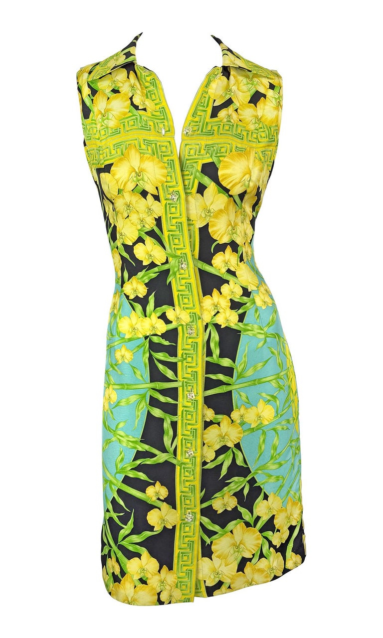 S/S 2000 Gianni Versace by Donatella Medusa Orchid Print Crystal Button  Dress For Sale at 1stDibs