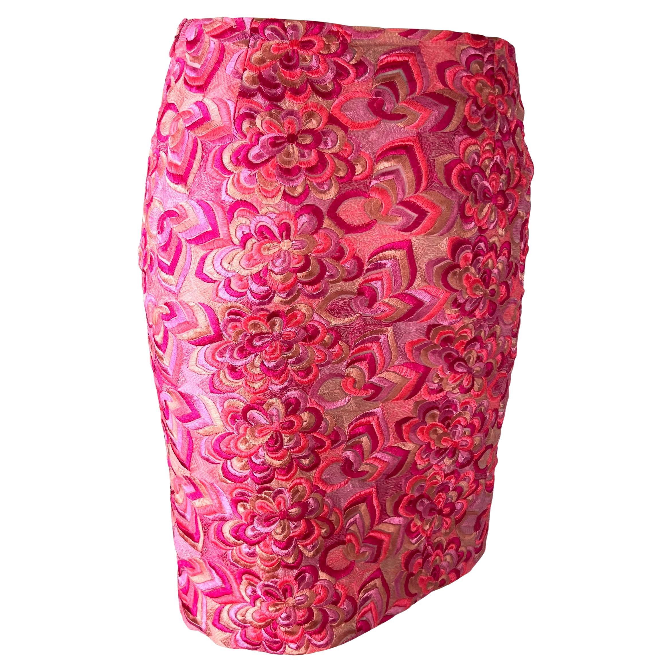 Women's S/S 2000 Gianni Versace by Donatella Neon Pink Floral Embroidered Skirt For Sale