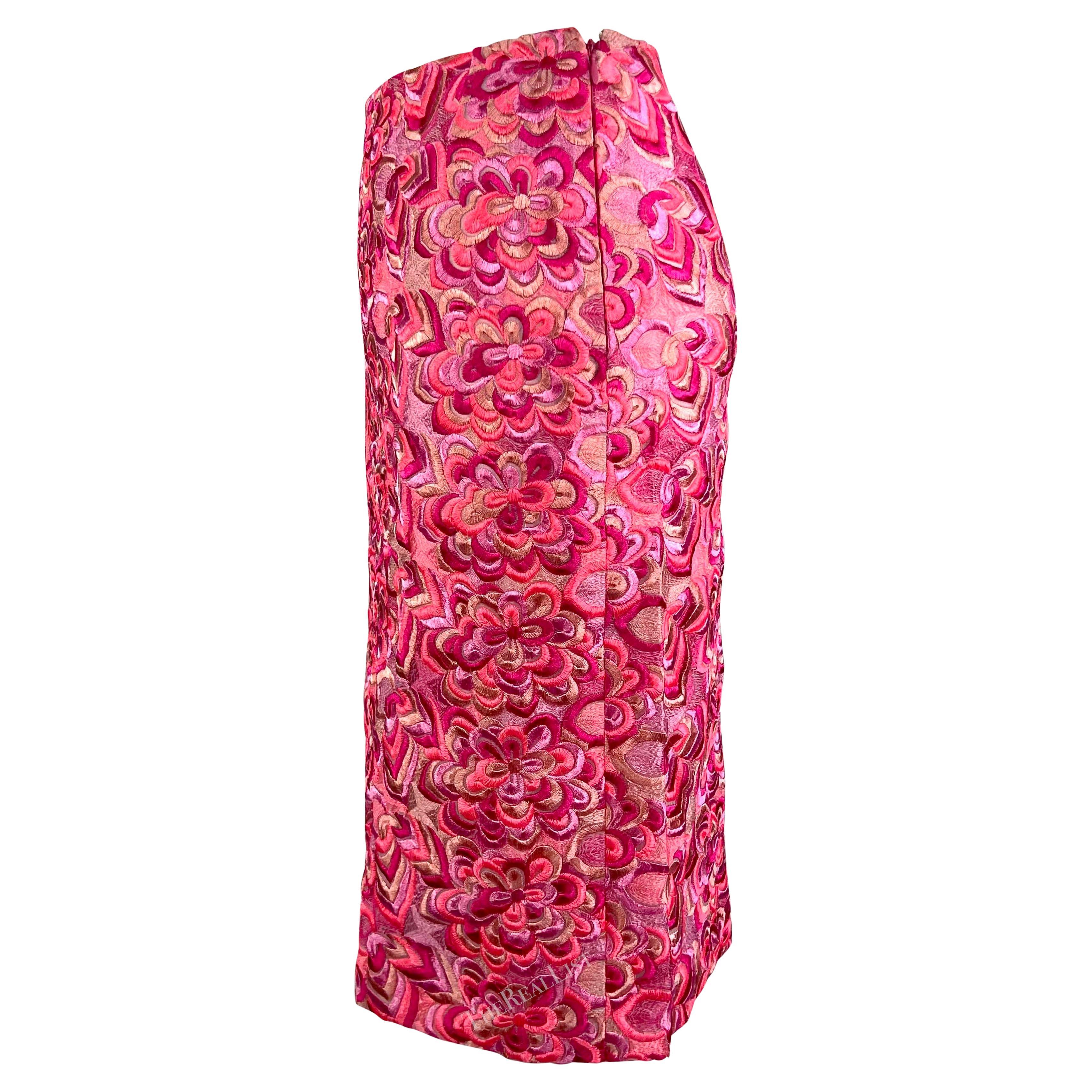 Women's S/S 2000 Gianni Versace by Donatella Neon Pink Floral Embroidered Skirt For Sale