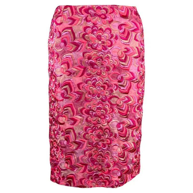S/S 2000 Gianni Versace by Donatella Falda Bordada Floral Rosa Neón