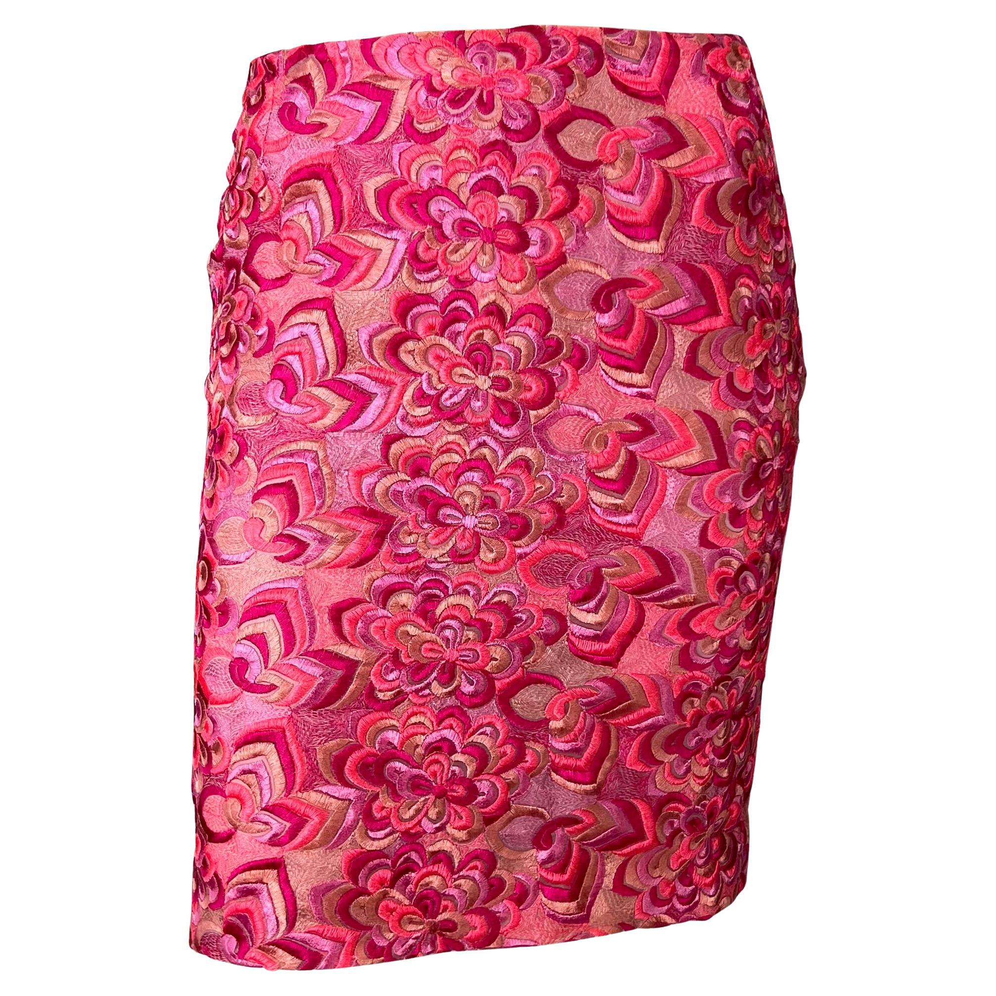 S/S 2000 Gianni Versace by Donatella Neon Pink Floral Embroidered Skirt