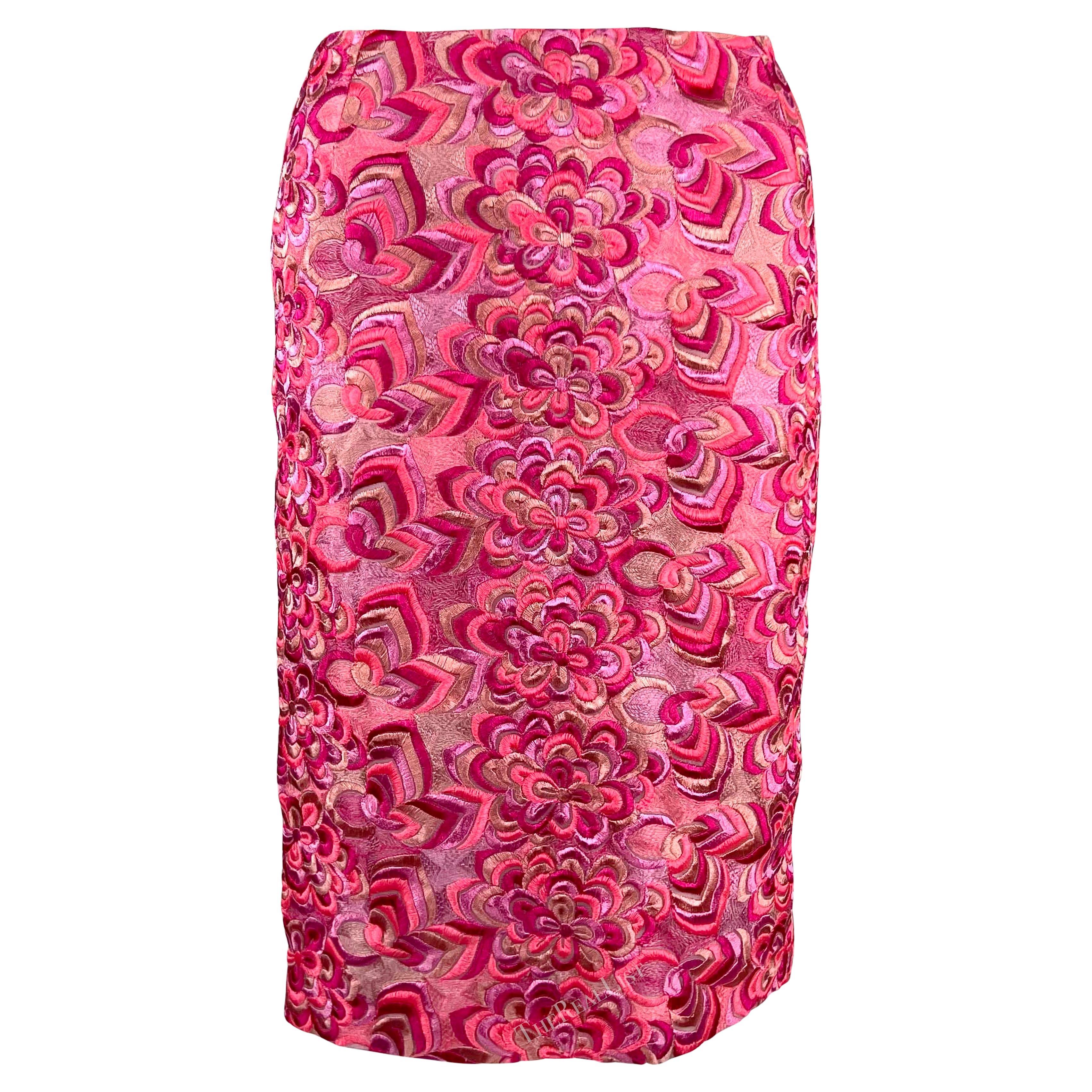 S/S 2000 Gianni Versace by Donatella Neon Pink Floral Embroidered Skirt For Sale