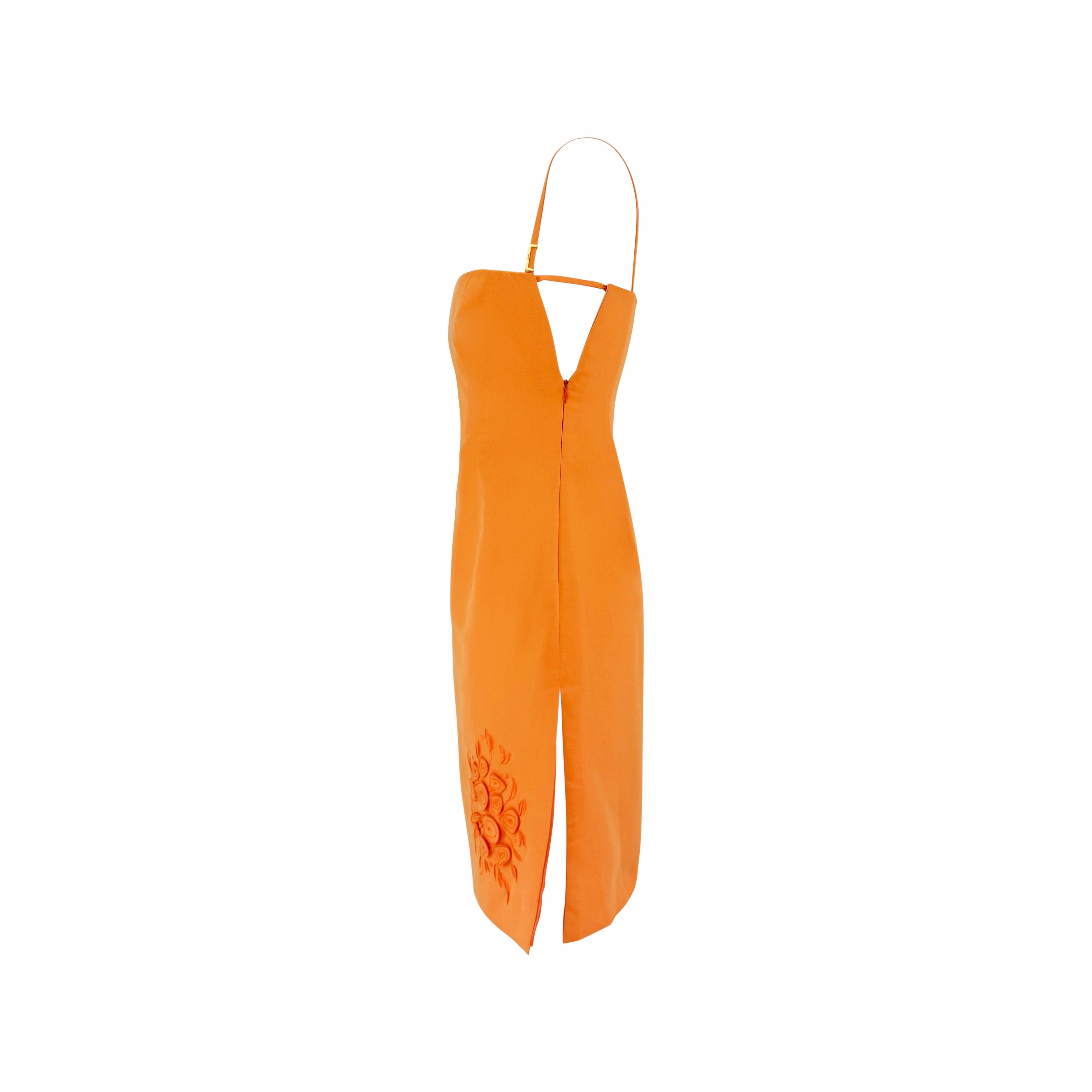 S/S 2000 Gianni Versace for Donatella Versace for Gianni Versace for Gianni Versace for Gianni Versace for Gianni Versace by Donatella Orange Cotton Cutout Floral Dress en vente 4