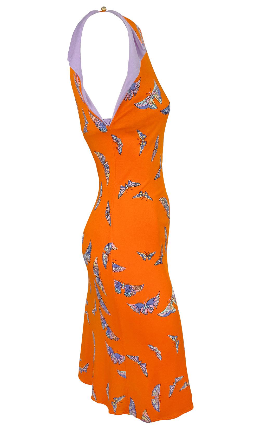 S/S 2000 Gianni Versace by Donatella Vestido acampanado de viscosa naranja con estampado de mariposa Naranja