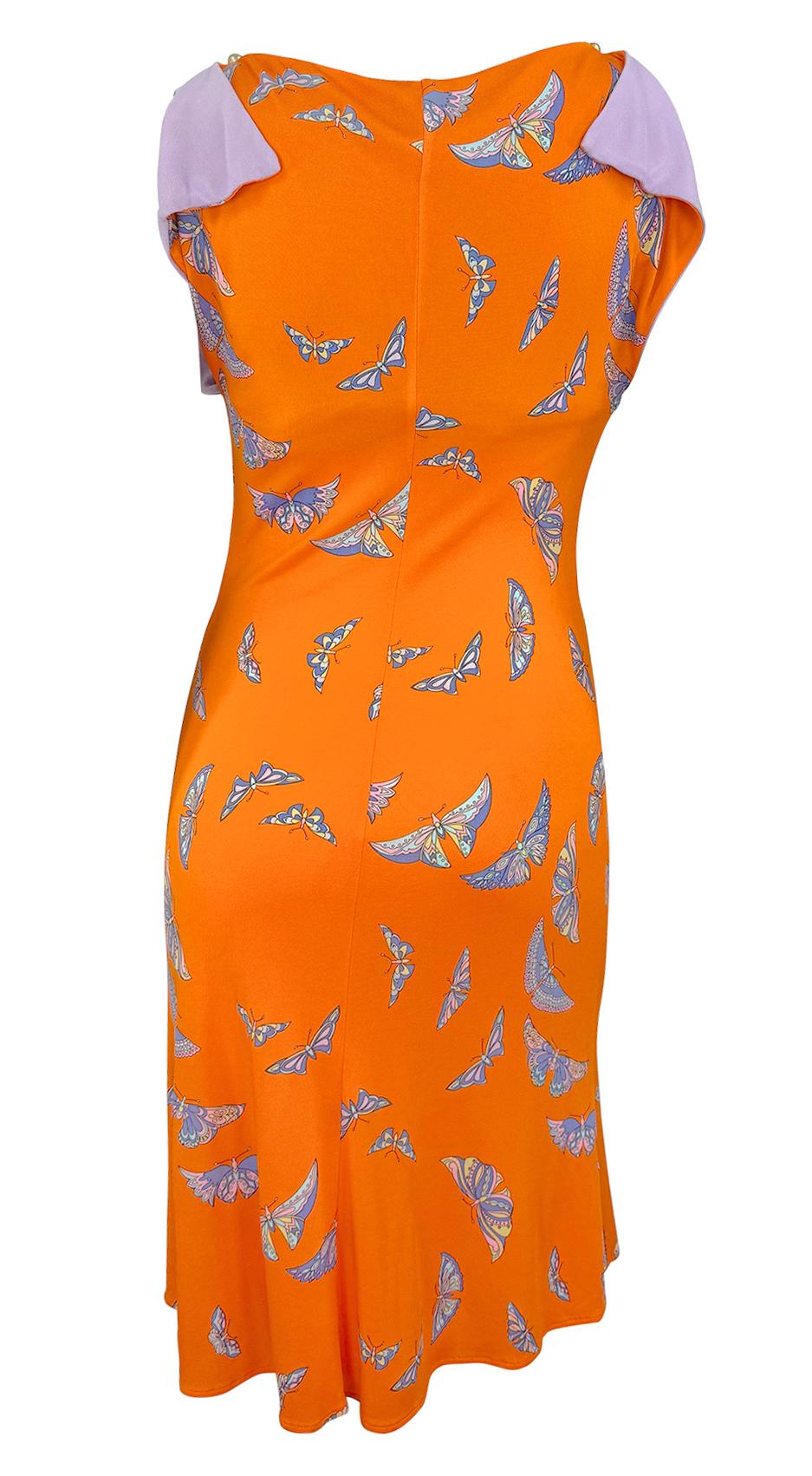 De las mujeres S/S 2000 Gianni Versace by Donatella Vestido acampanado de viscosa naranja con estampado de mariposa
