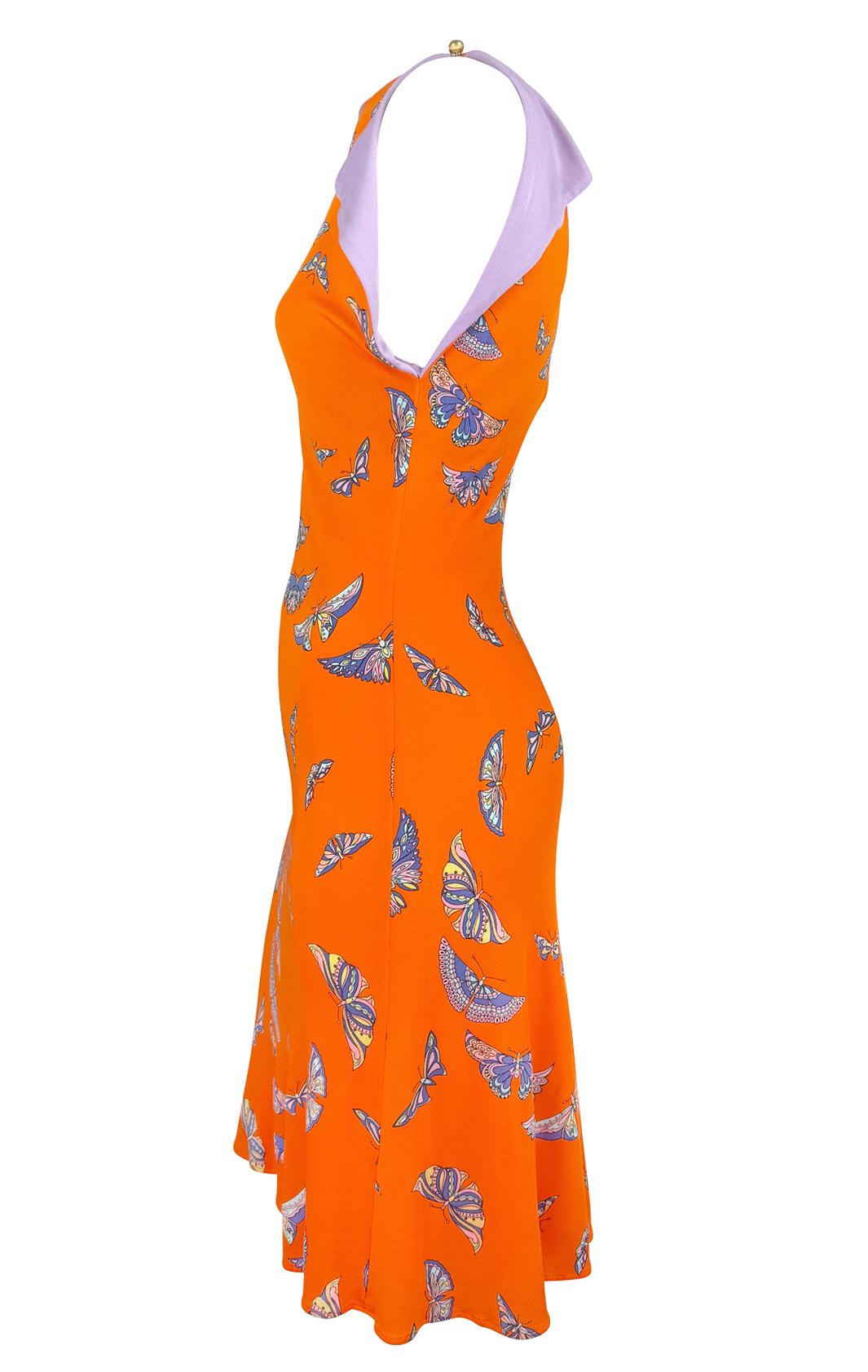 S/S 2000 Gianni Versace by Donatella Vestido acampanado de viscosa naranja con estampado de mariposa 1