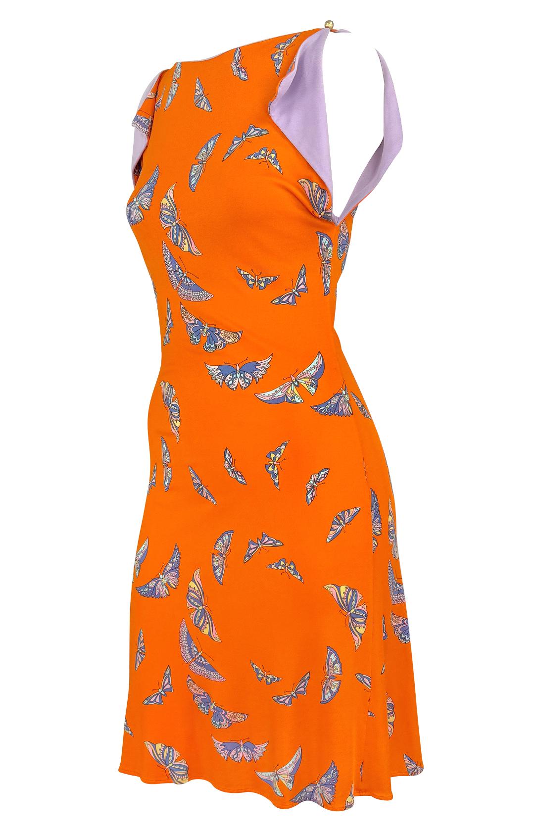 S/S 2000 Gianni Versace by Donatella Vestido acampanado de viscosa naranja con estampado de mariposa 2