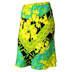 S/S 2000 Gianni Versace by Donatella Orchid Greek Key Jungle Print Silk Skirt