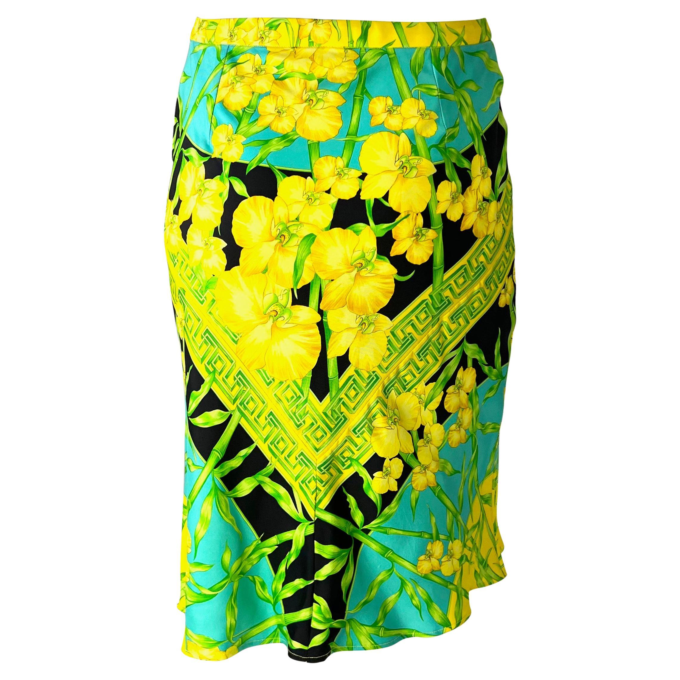 Yellow S/S 2000 Gianni Versace by Donatella Orchid Greek Key Jungle Print Silk Skirt For Sale