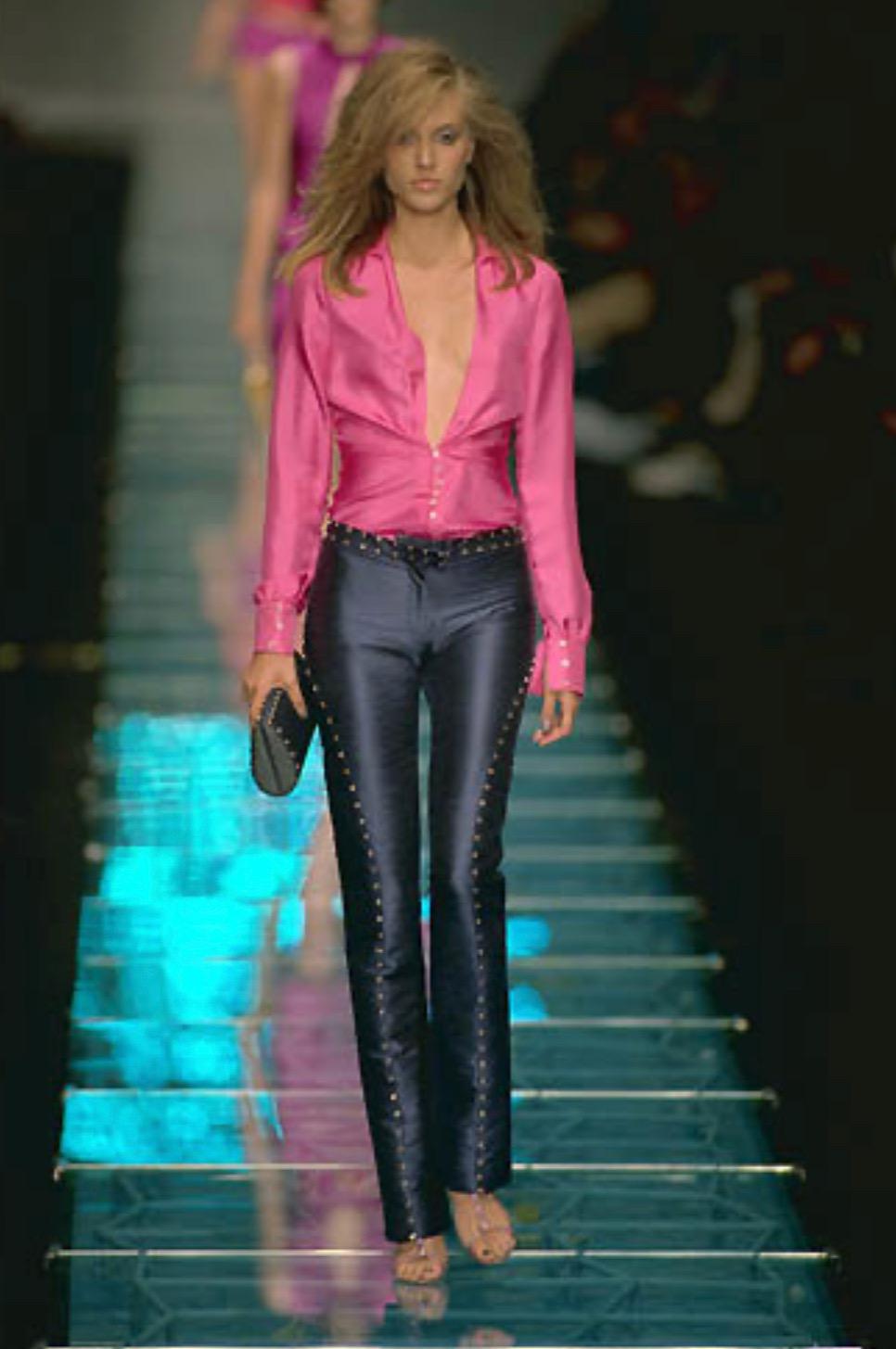 Women's S/S 2000 Gianni Versace by Donatella Pink Satin Crystal Plunge Top Runway