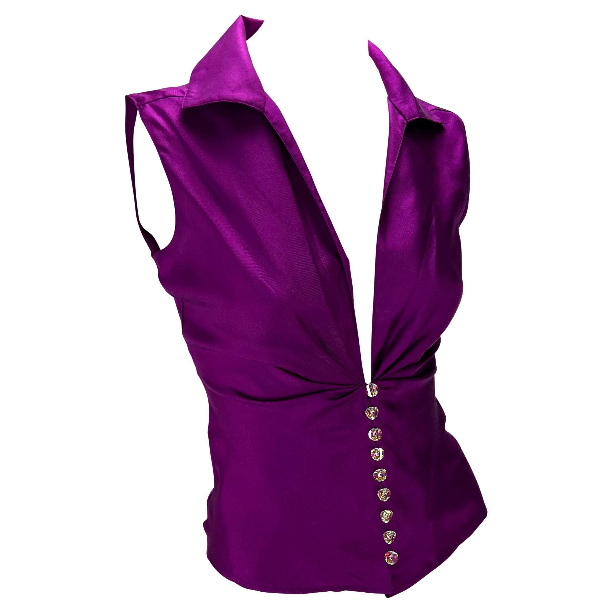 Women's S/S 2000 Gianni Versace by Donatella Purple Silk Satin Rhinestone Plunging Top For Sale