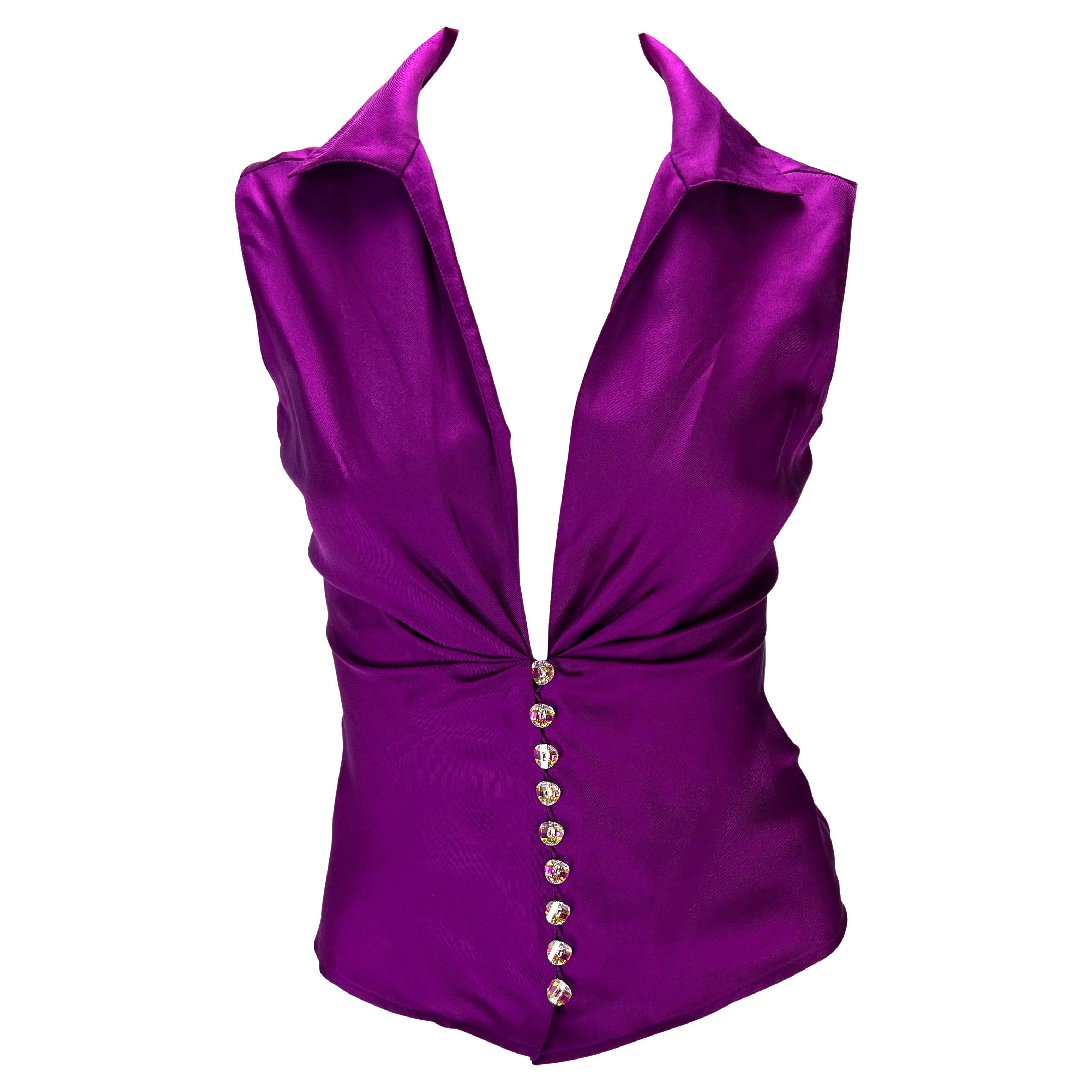 S/S 2000 Gianni Versace by Donatella Purple Silk Satin Rhinestone Plunging Top For Sale