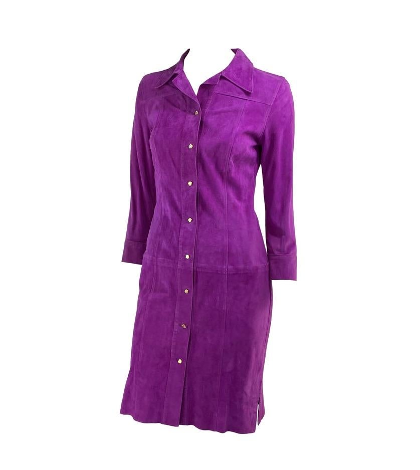 S/S 2000 Gianni Versace by Donatella Purple Suede Medusa Button Up Dress In Good Condition For Sale In West Hollywood, CA