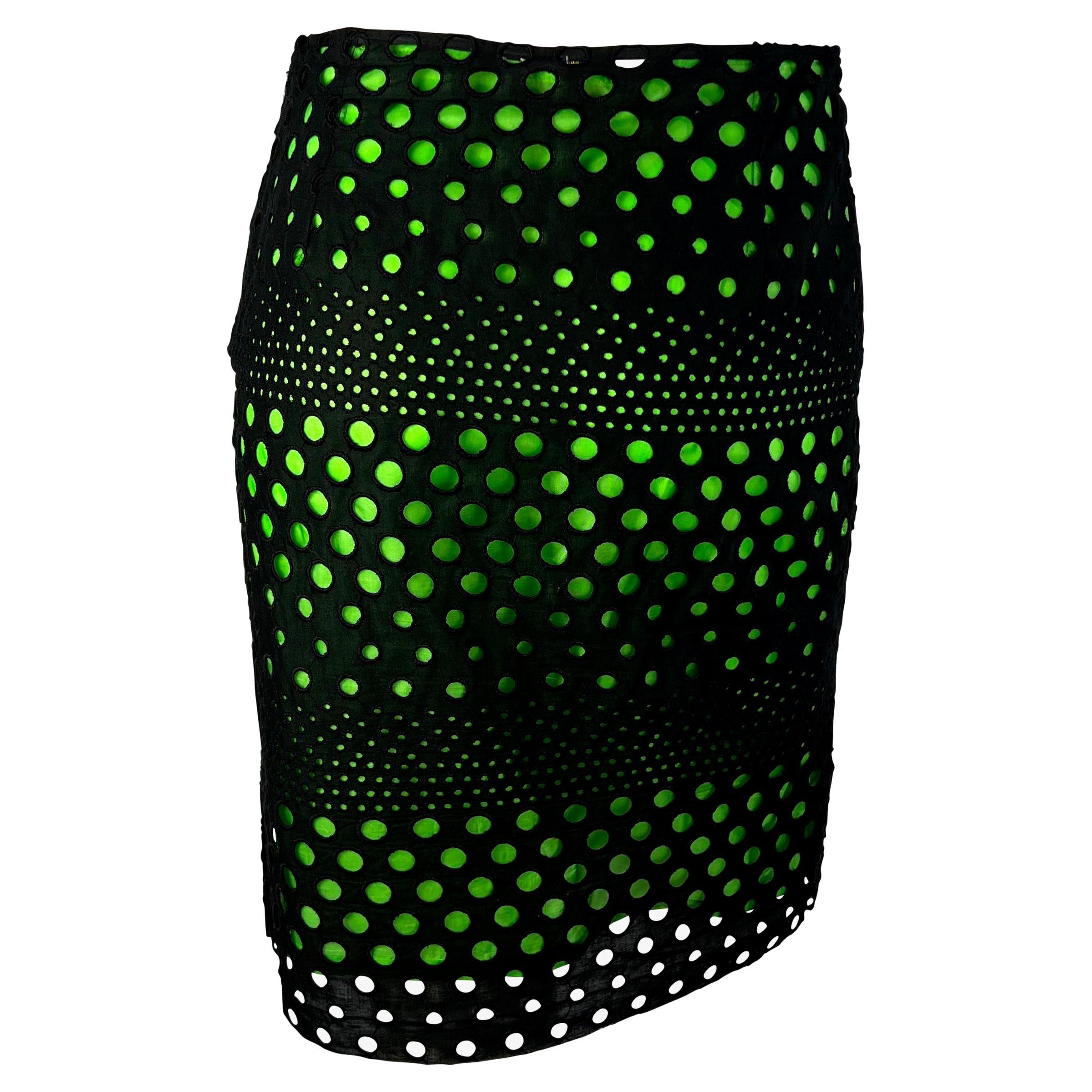S/S 2000 Gianni Versace by Donatella Runway Black Eyelet Sheer Green Skirt For Sale 1