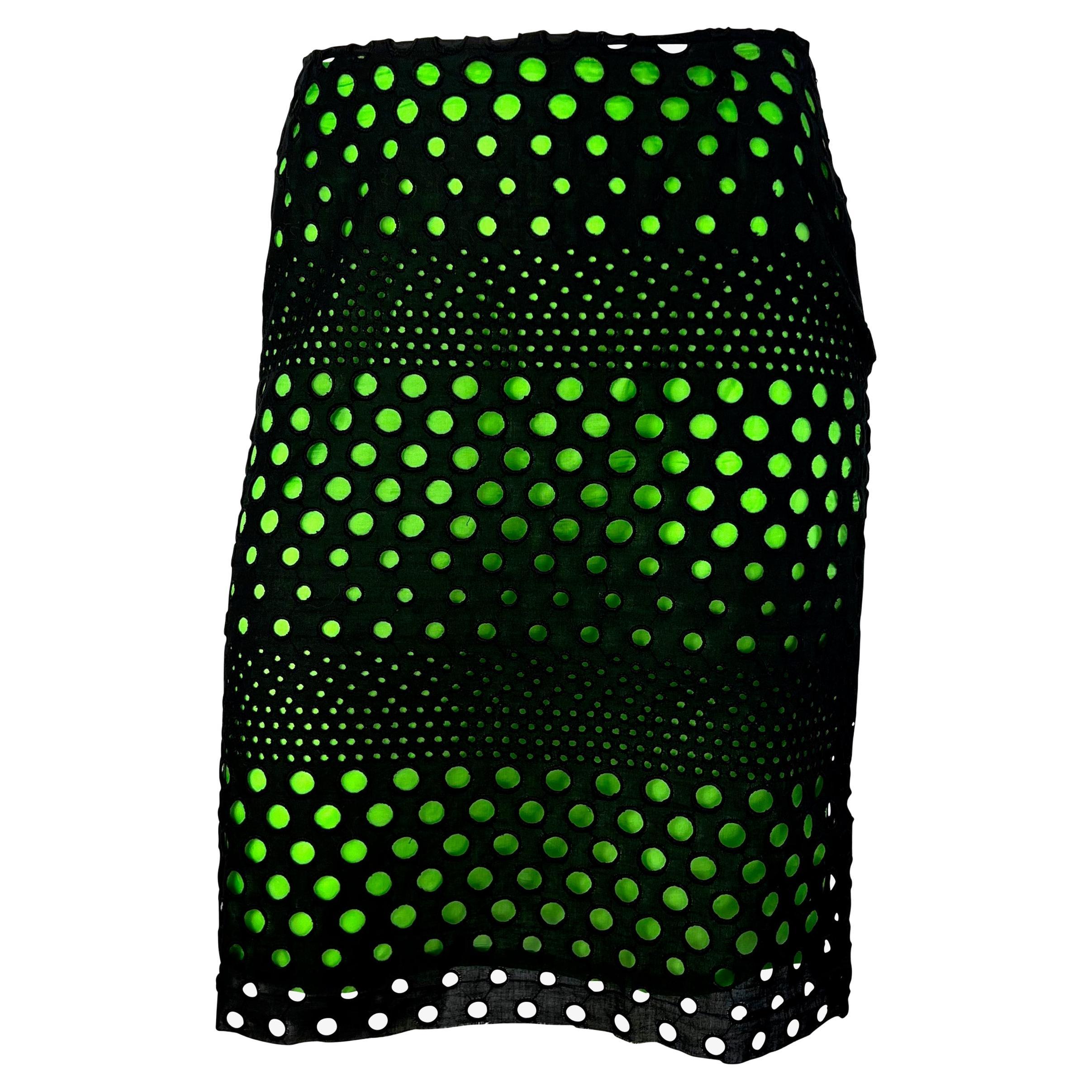 S/S 2000 Gianni Versace by Donatella Runway Black Eyelet Sheer Green Skirt For Sale