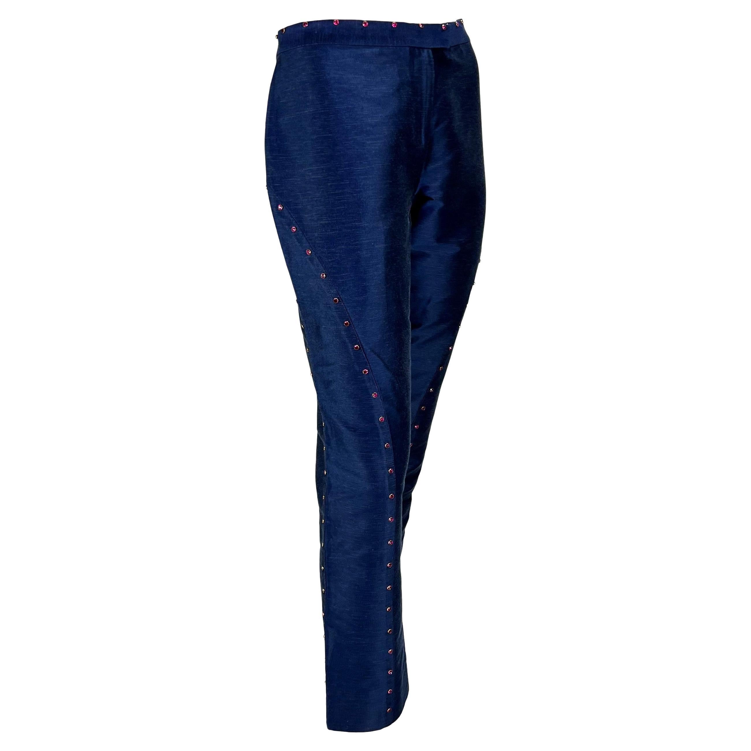 Women's S/S 2000 Gianni Versace by Donatella Runway Blue Chambray Pink Rhinestone Pants For Sale