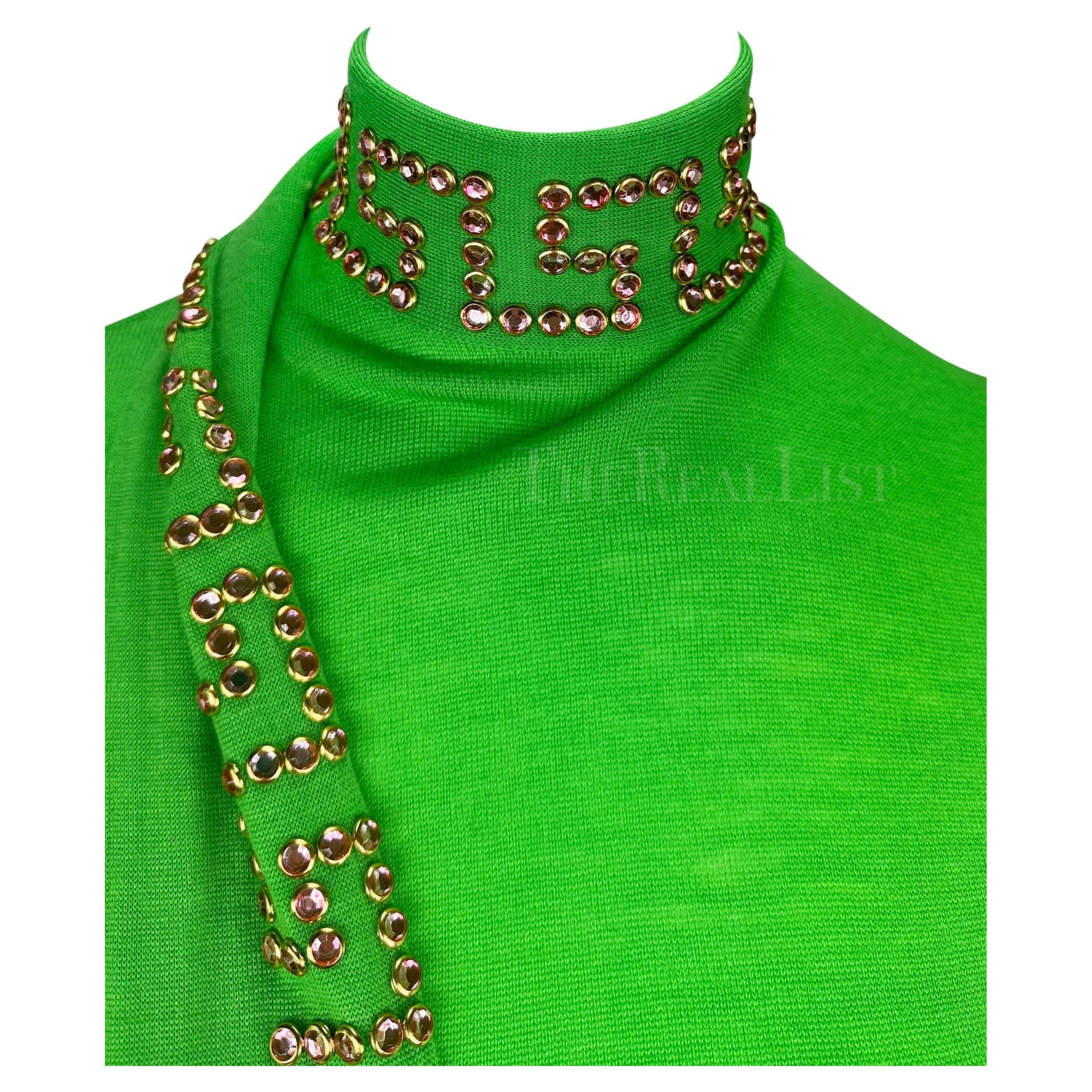 Women's S/S 2000 Gianni Versace by Donatella Runway Green Rhinestone Greek Key Knit Top For Sale