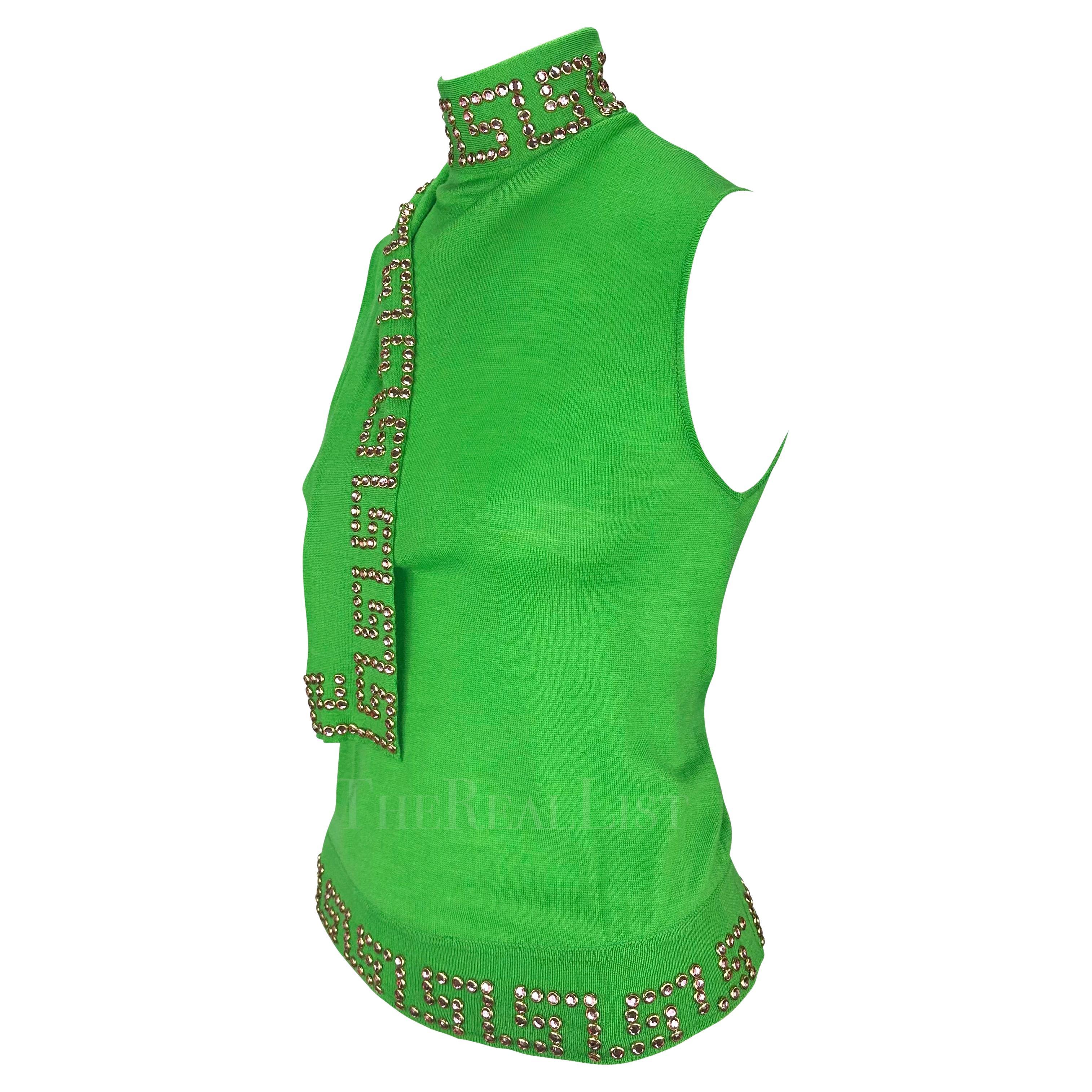 S/S 2000 Gianni Versace by Donatella Runway Green Rhinestone Greek Key Knit Top For Sale 1