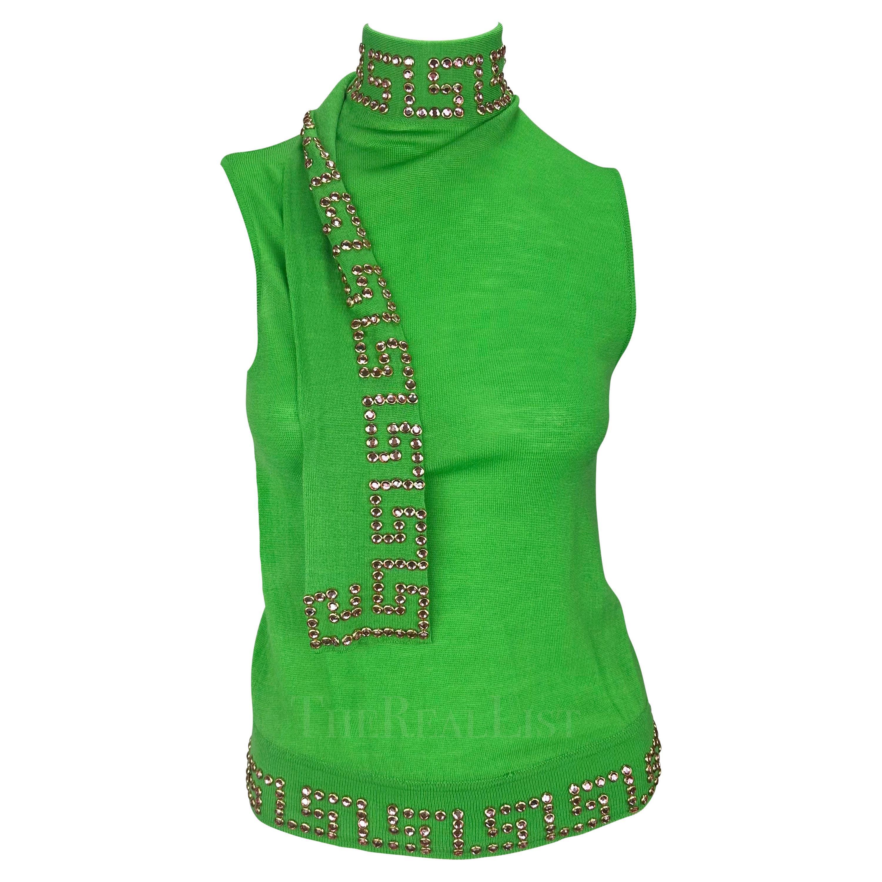 S/S 2000 Gianni Versace by Donatella Runway Green Rhinestone Greek Key Knit Top For Sale