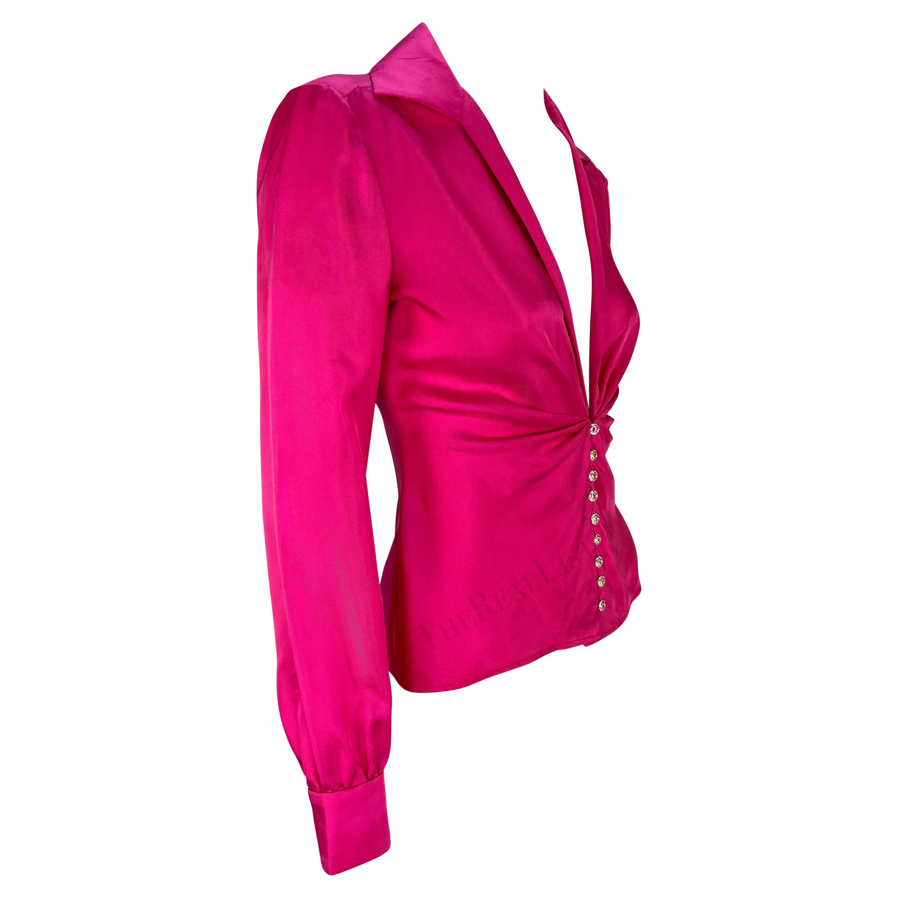 S/S 2000 Gianni Versace by Donatella Runway Hot Pink Silk Satin Rhinestone Top For Sale 8