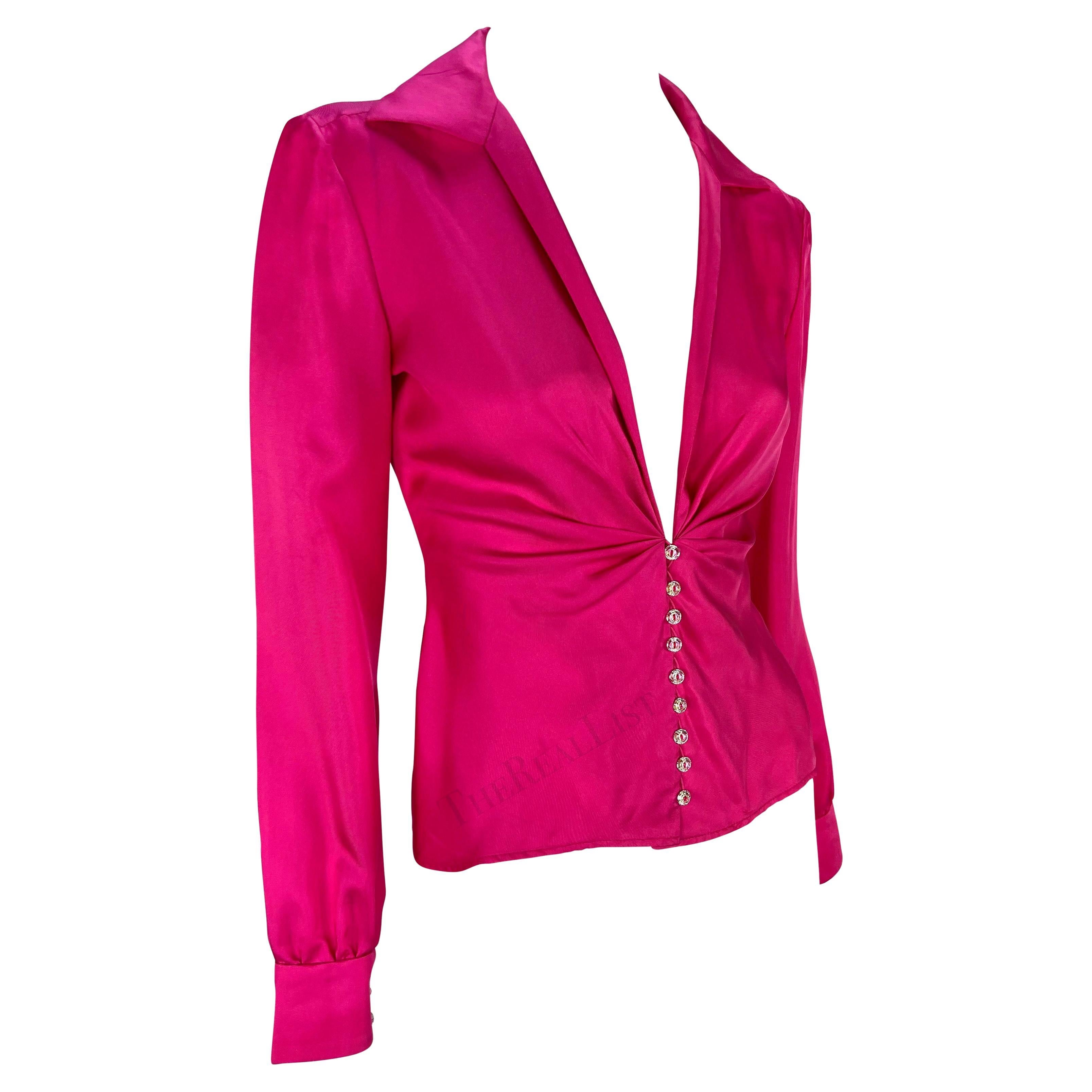 S/S 2000 Gianni Versace by Donatella Runway Hot Pink Silk Satin Rhinestone Top For Sale 9