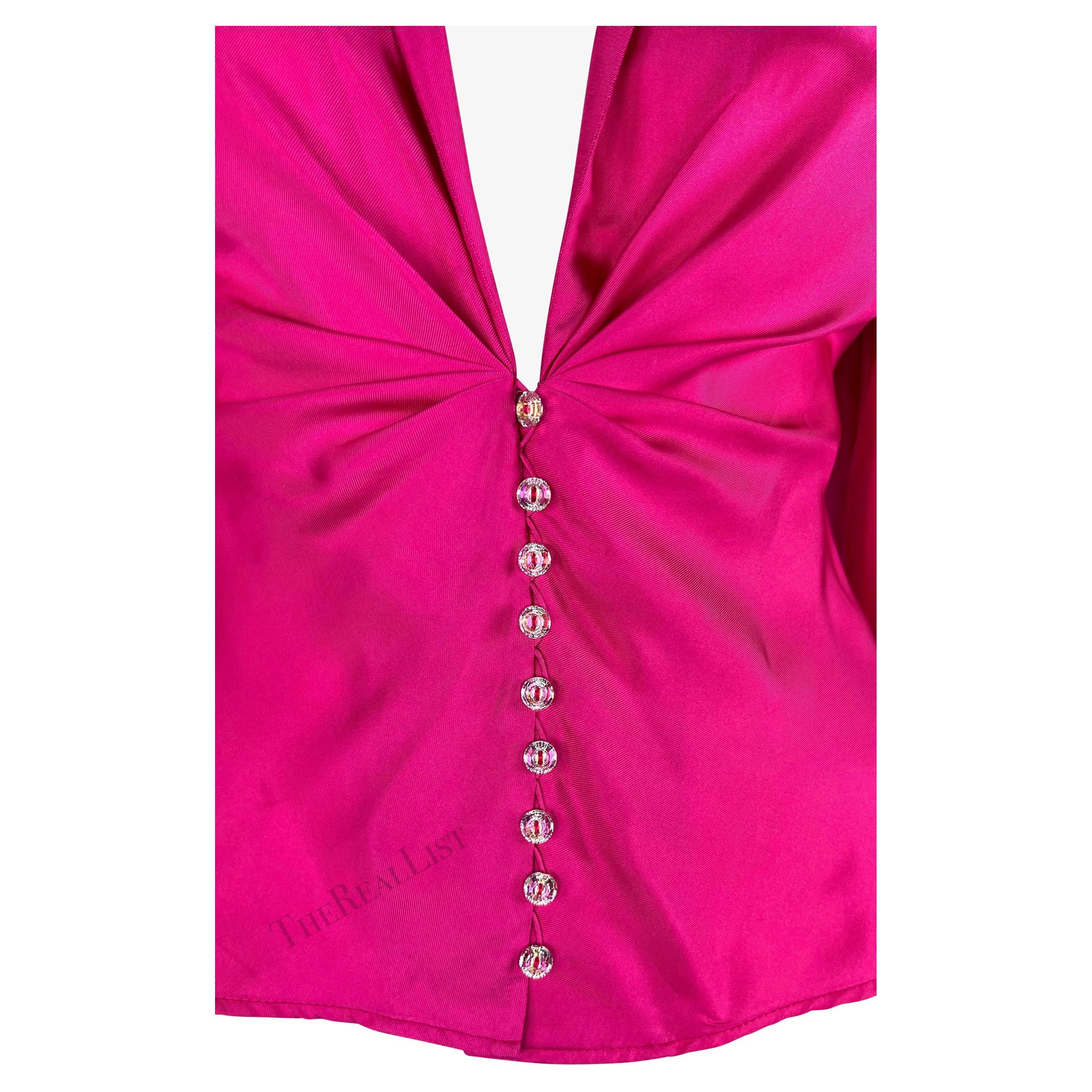 S/S 2000 Gianni Versace by Donatella Runway Hot Pink Silk Satin Rhinestone Top In Good Condition For Sale In West Hollywood, CA