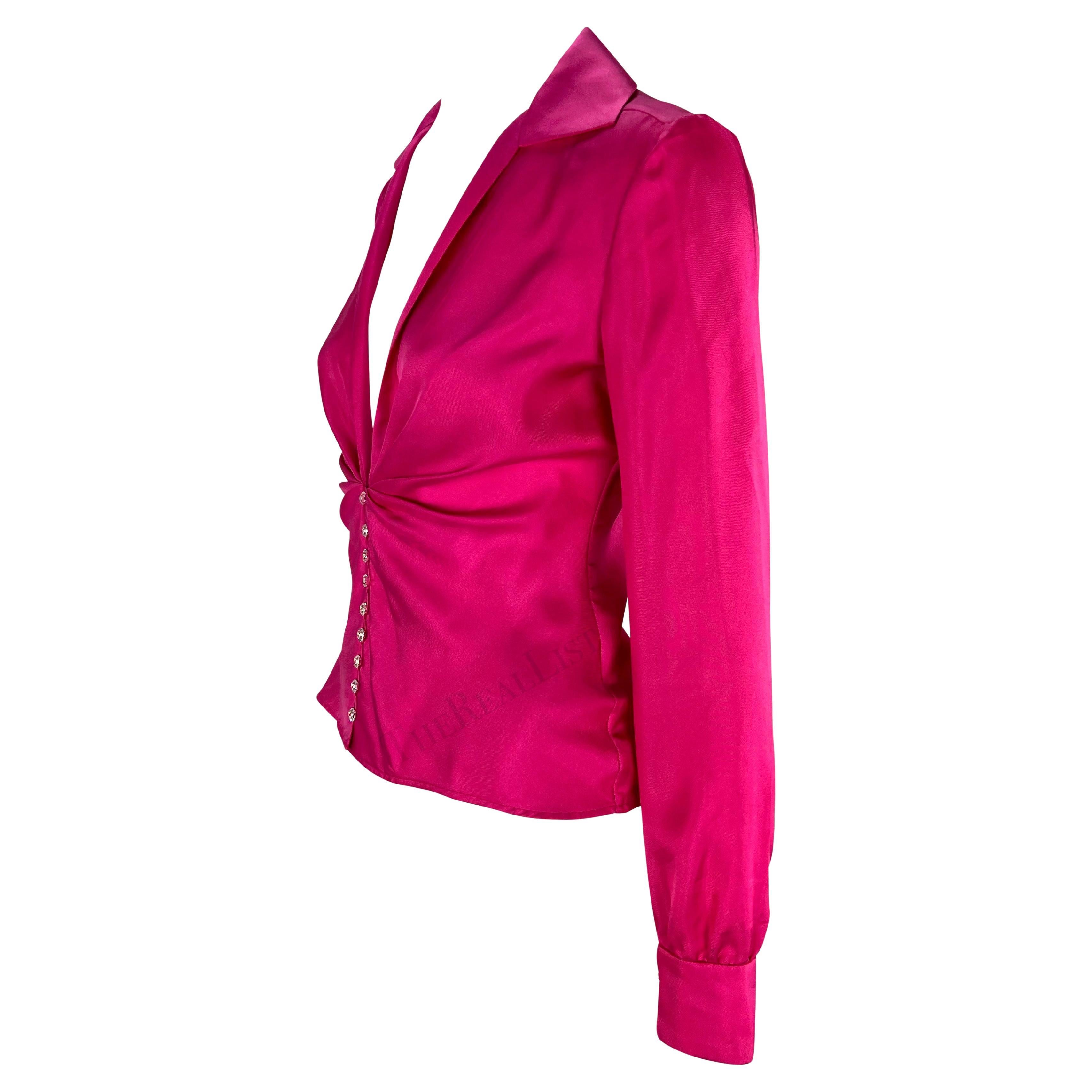 S/S 2000 Gianni Versace by Donatella Runway Hot Pink Silk Satin Rhinestone Top For Sale 3