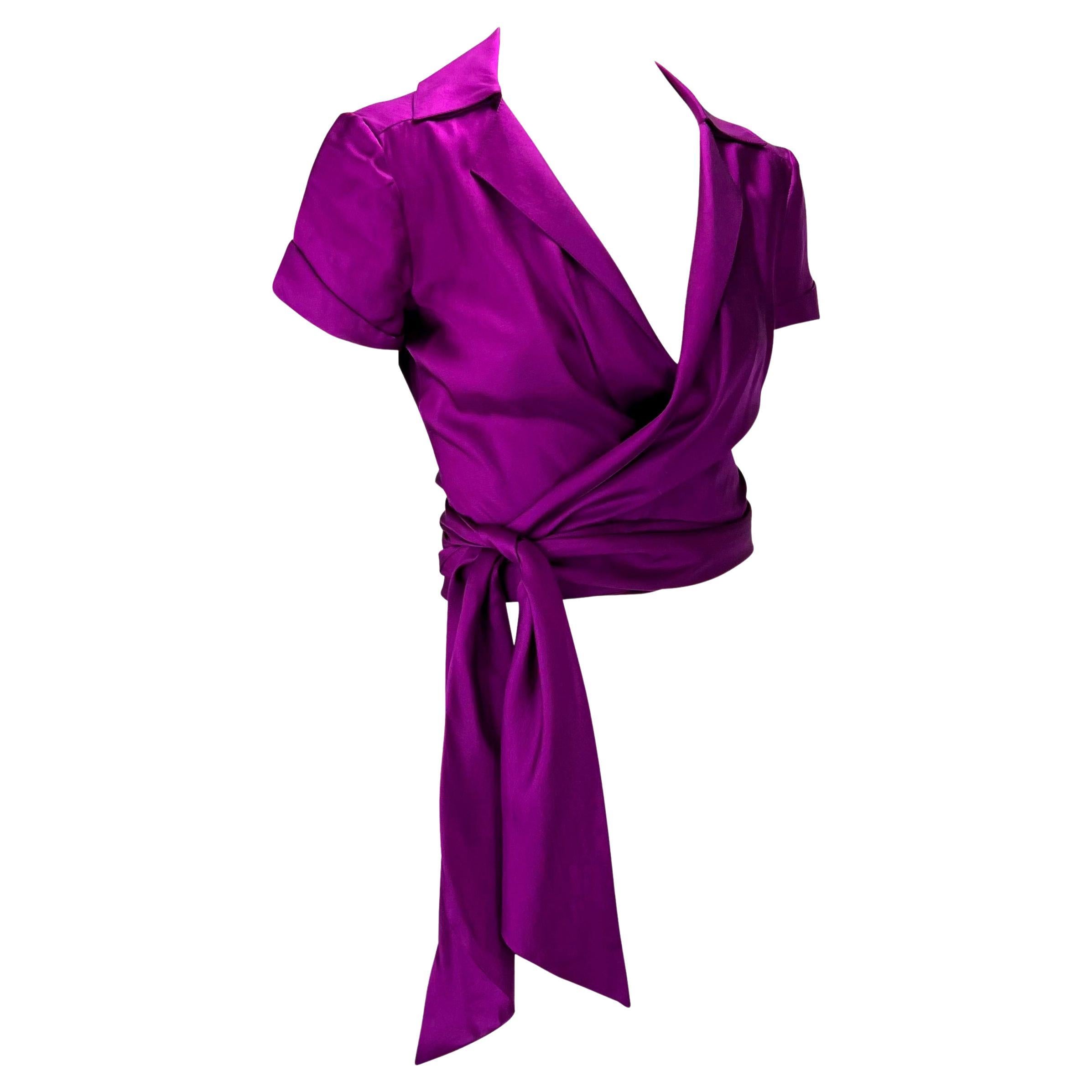 S/S 2000 Gianni Versace by Donatella Runway Purple Silk Plunge Wrap Top For Sale 2