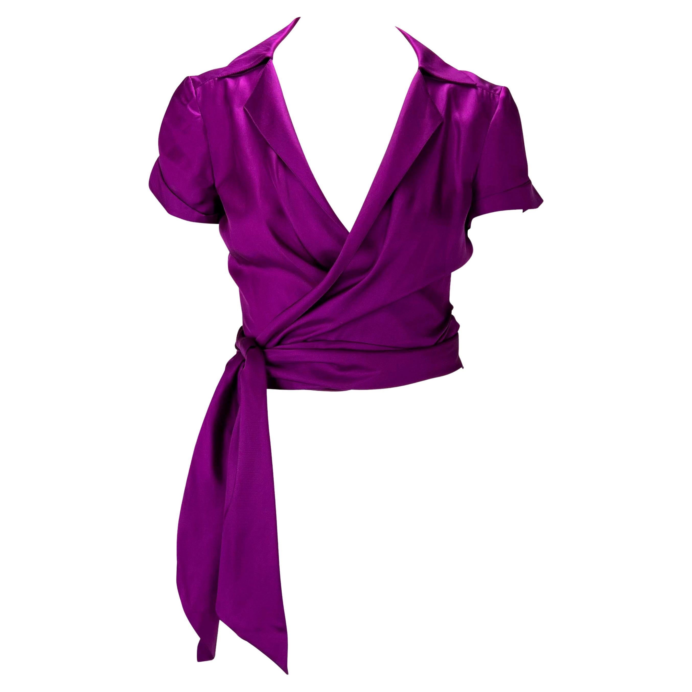 S/S 2000 Gianni Versace by Donatella Runway Purple Silk Plunge Wrap Top For Sale