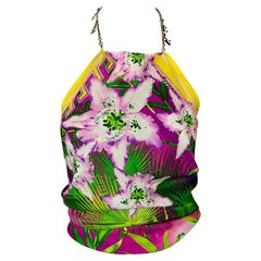 S/S 2000 Gianni Versace by Donatella - Haut Medusa en soie imprimé palmier avec chaîne et écharpe