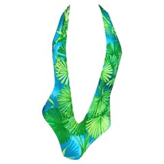 S/S 2000 Gianni Versace Famed Palm Tree Print Plunging Swimsuit Bodysuit M