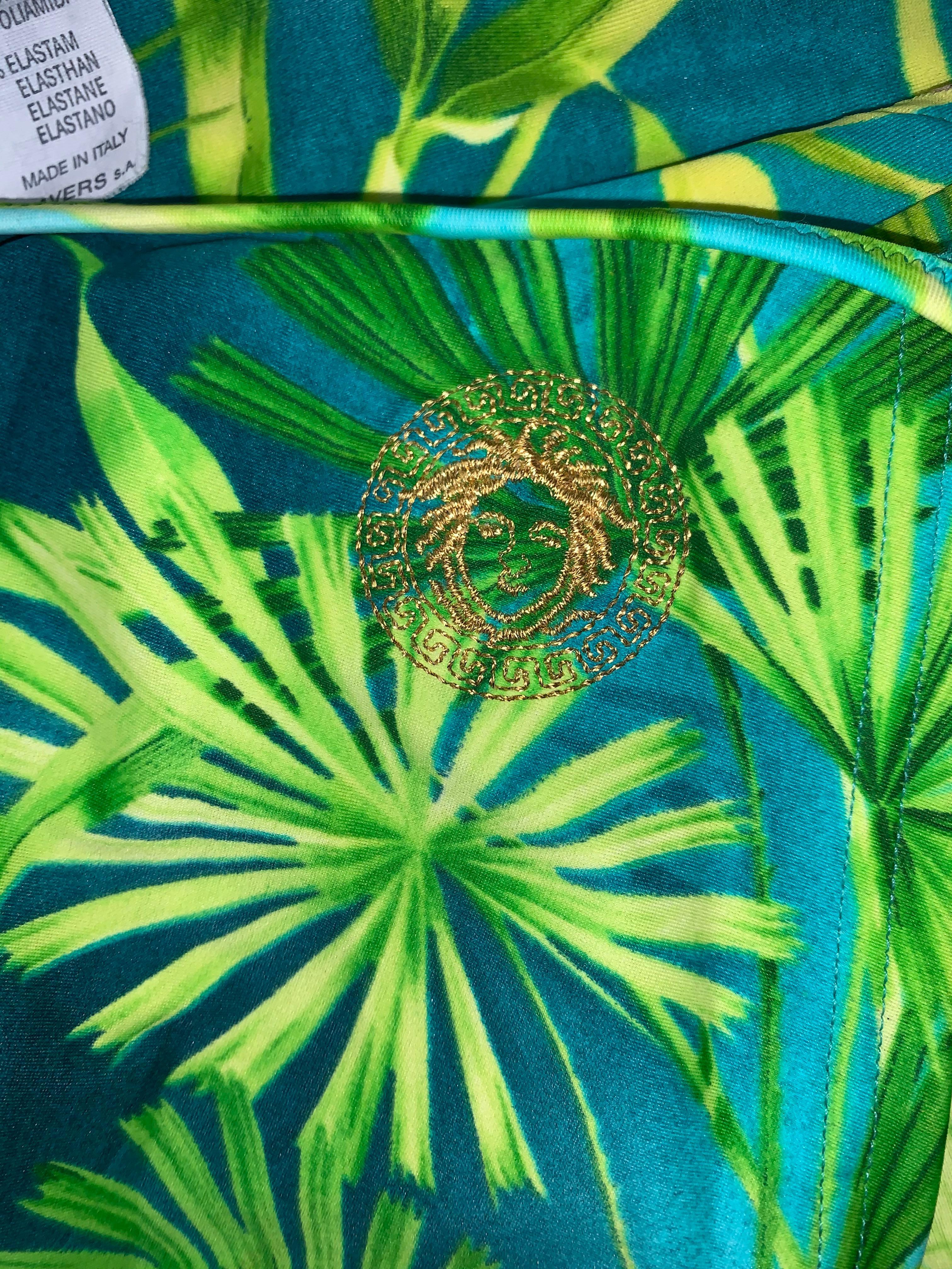 Green S/S 2000 Gianni Versace Famous Tropical Palm Print Strapless Ultra Low Bikini Sw