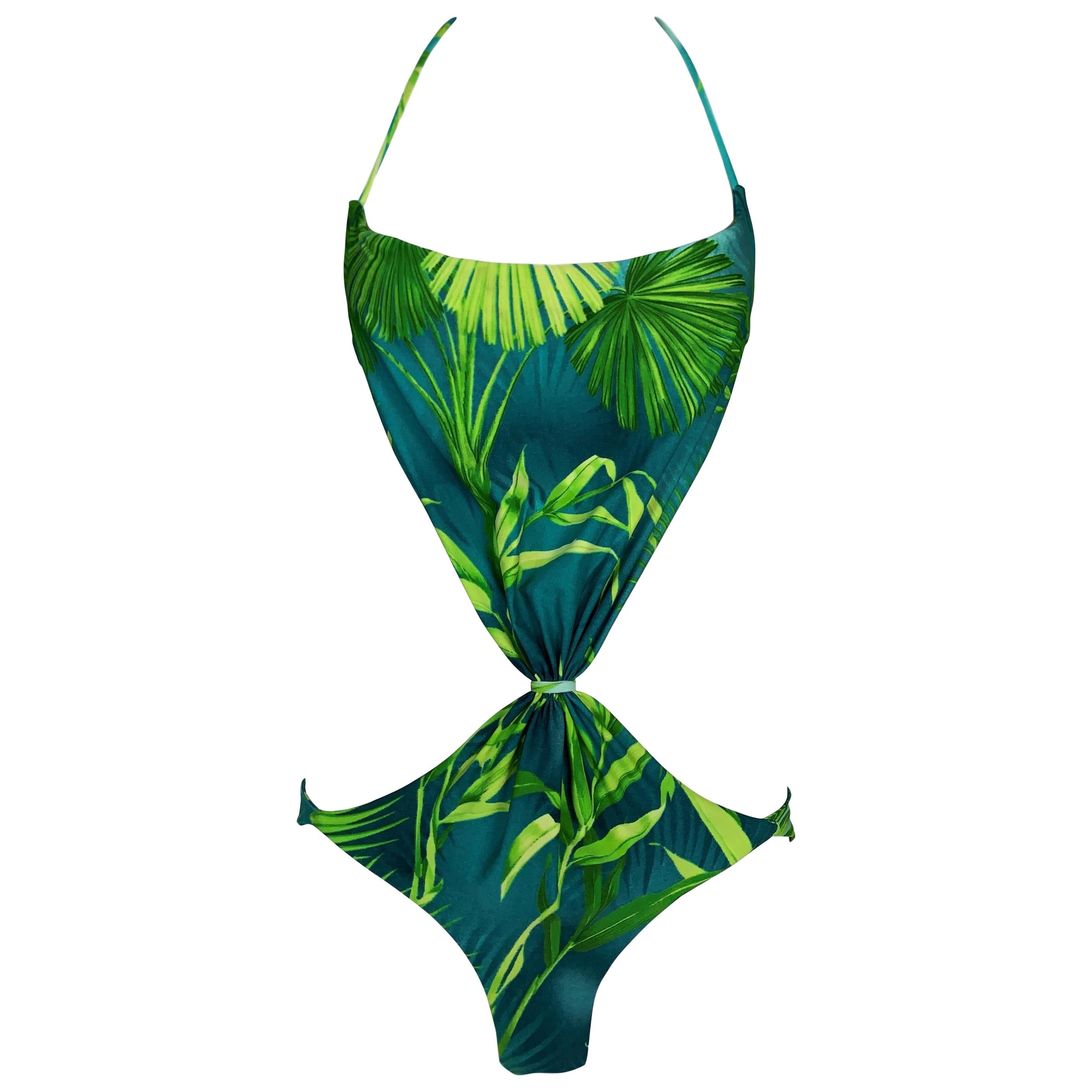 S/S 2000 Gianni Versace Runway Famous Tropical Palm Print Monokini Swimsuit