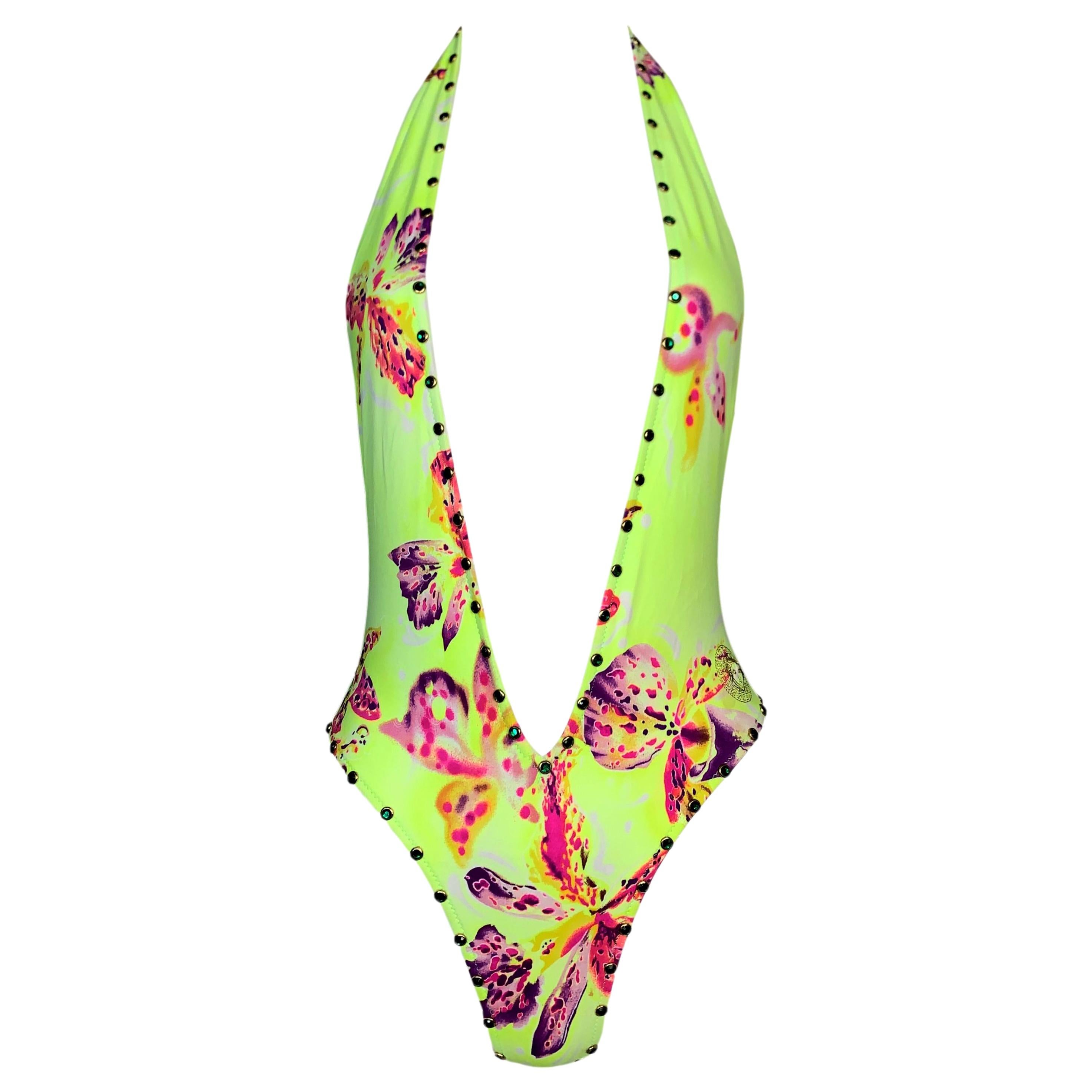 S/S 2000 Gianni Versace Runway Plunging Neon Yellow Studded Swimsuit For  Sale at 1stDibs