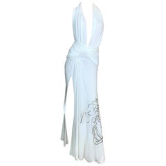 S/S 2000 Gianni Versace Runway White Plunging High Slits Beaded Gold Medusa Gown