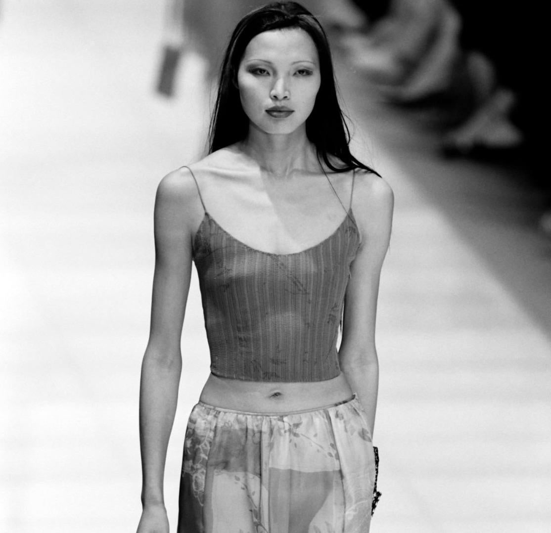 Gray S/S 2000 Giorgio Armani Runway Sheer Embroidered Silk Purple Tank Crop Top For Sale