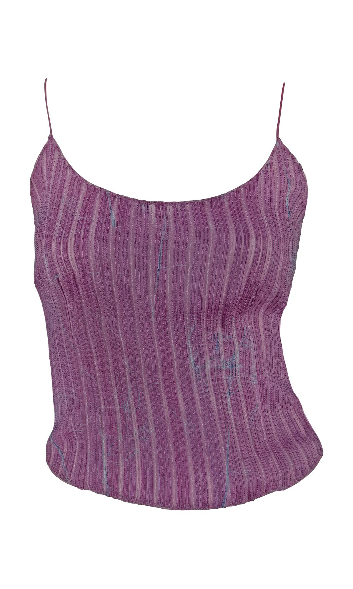 S/S 2000 Giorgio Armani Runway Sheer Embroidered Silk Purple Tank Crop Top In Excellent Condition For Sale In West Hollywood, CA