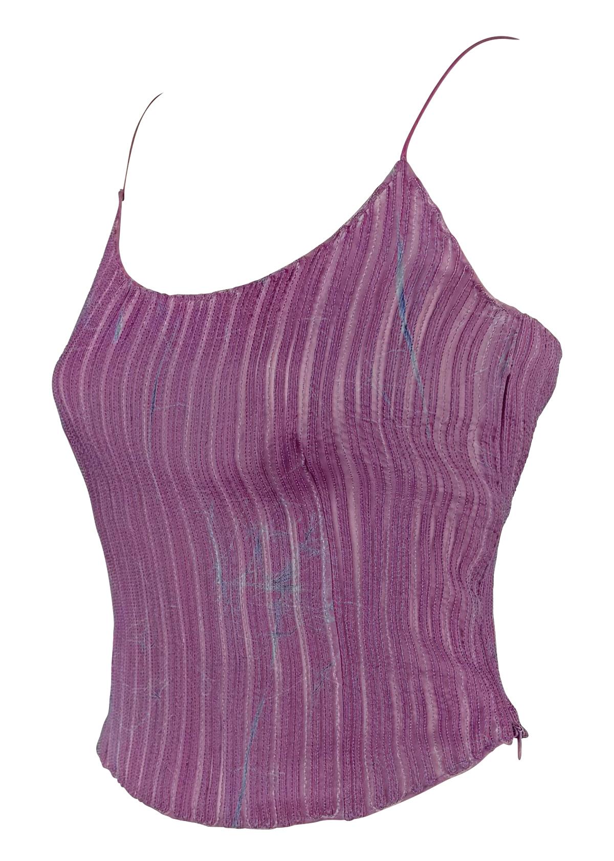 Women's S/S 2000 Giorgio Armani Runway Sheer Embroidered Silk Purple Tank Crop Top For Sale