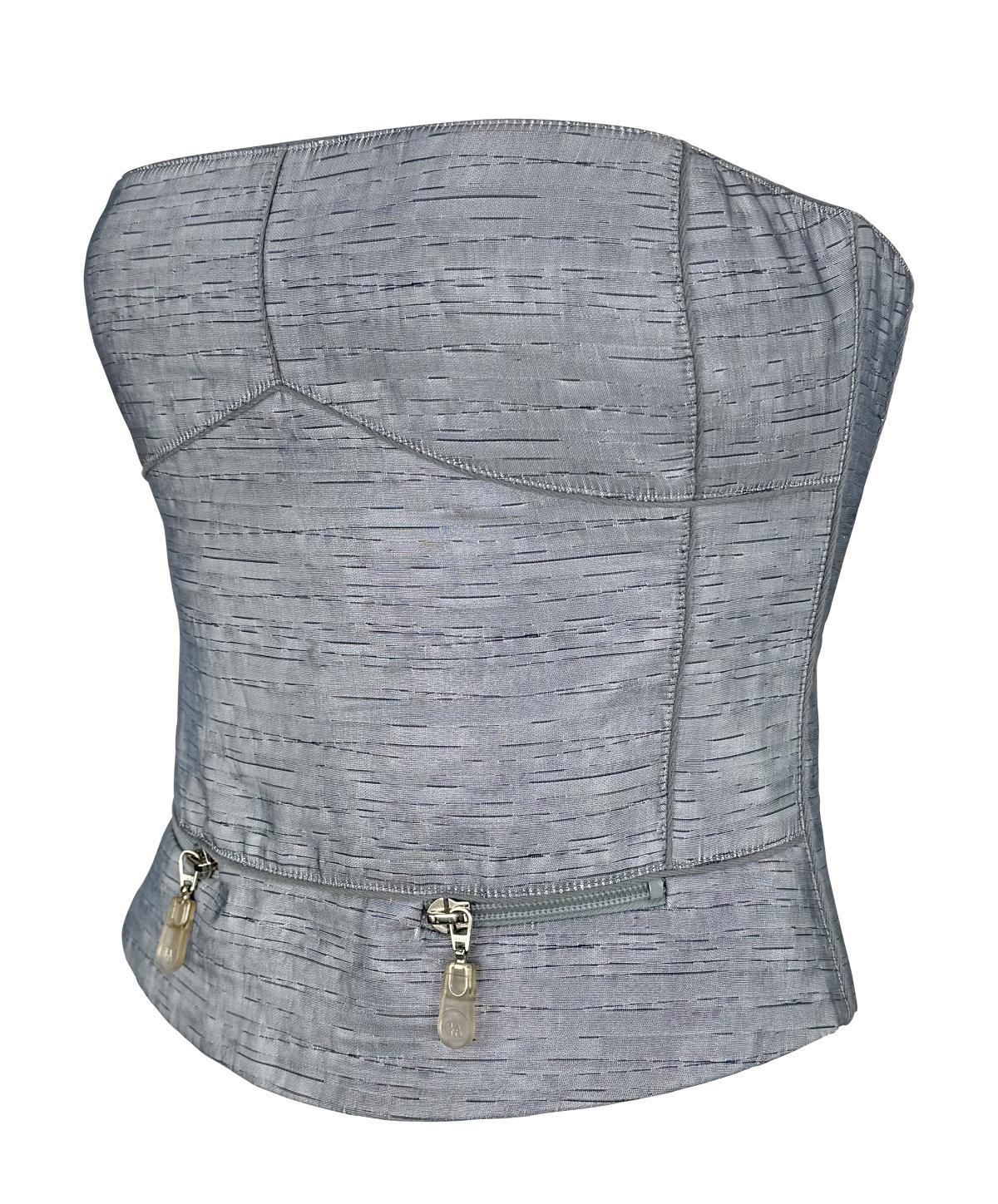 S/S 2000 Giorgio Armani Runway Silver Metallic Strapless Bustier Crop Top For Sale 4